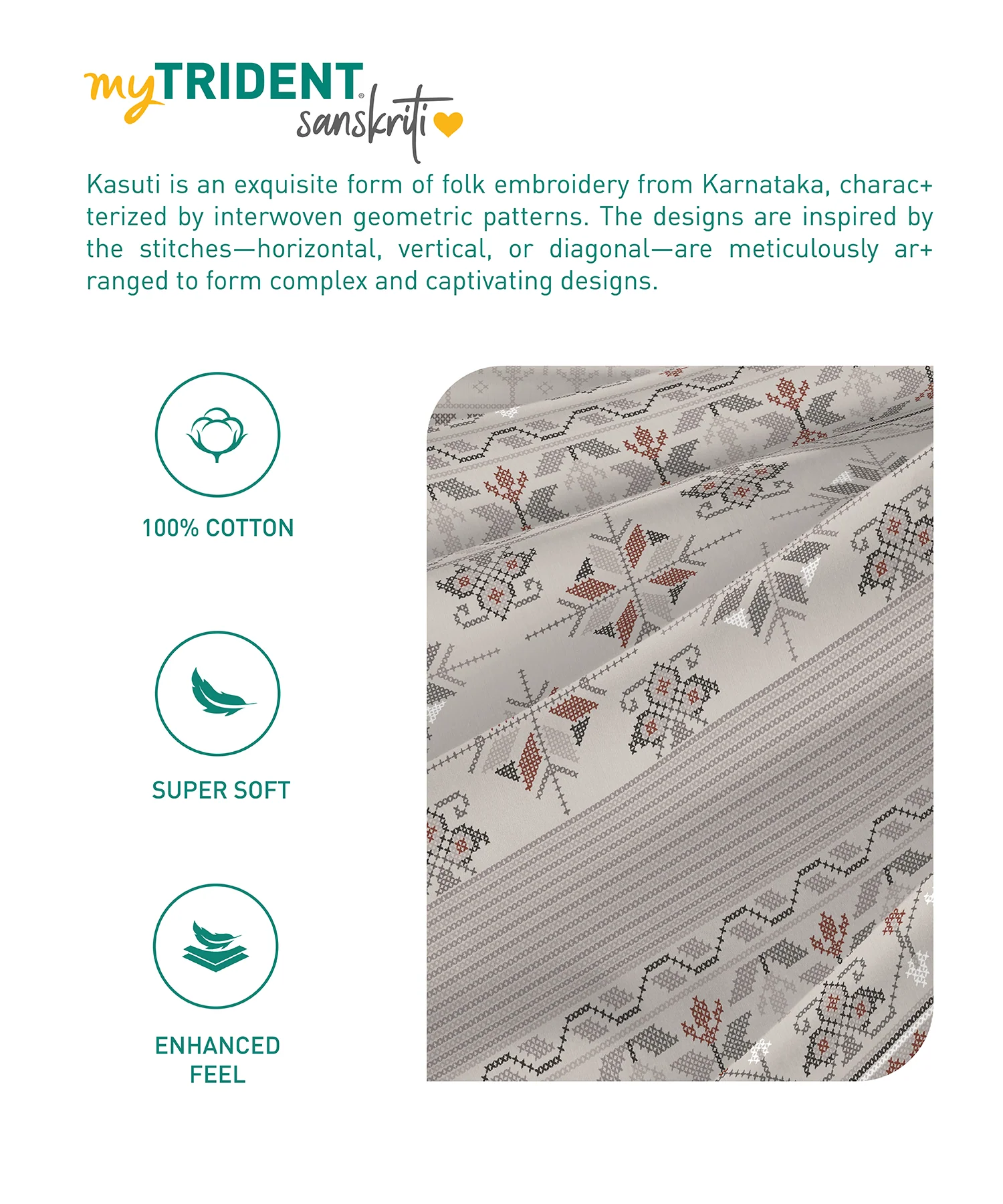 Sanskriti Bedding Set, Kasuti Grey| 180 TC, 180 GSM Cotton| 4 Pc Set - Image 7