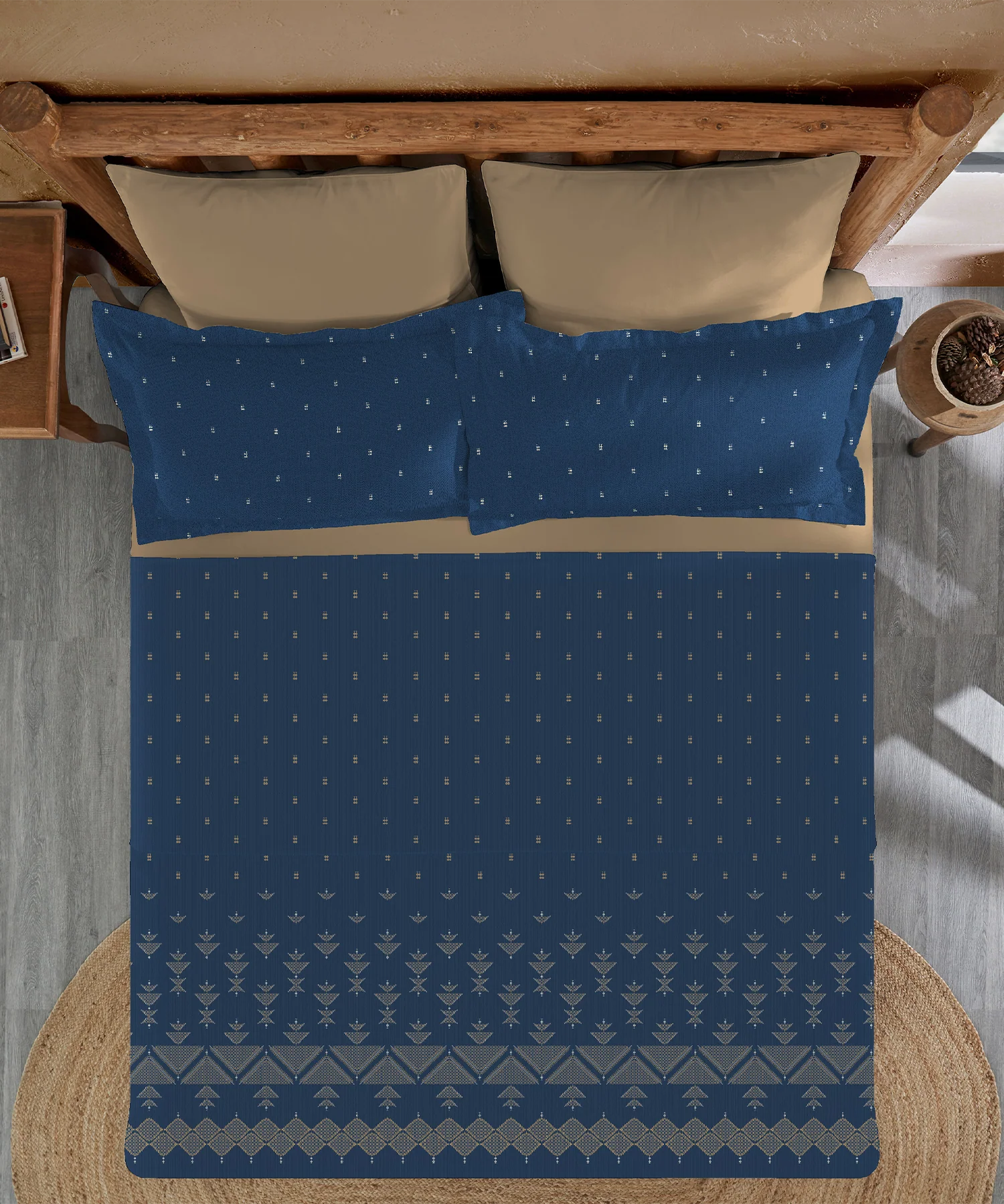 Sanskriti Bedding Set, Phulkari Blue| 180 TC, 180 GSM Cotton| 4 Pc Set - Image 4
