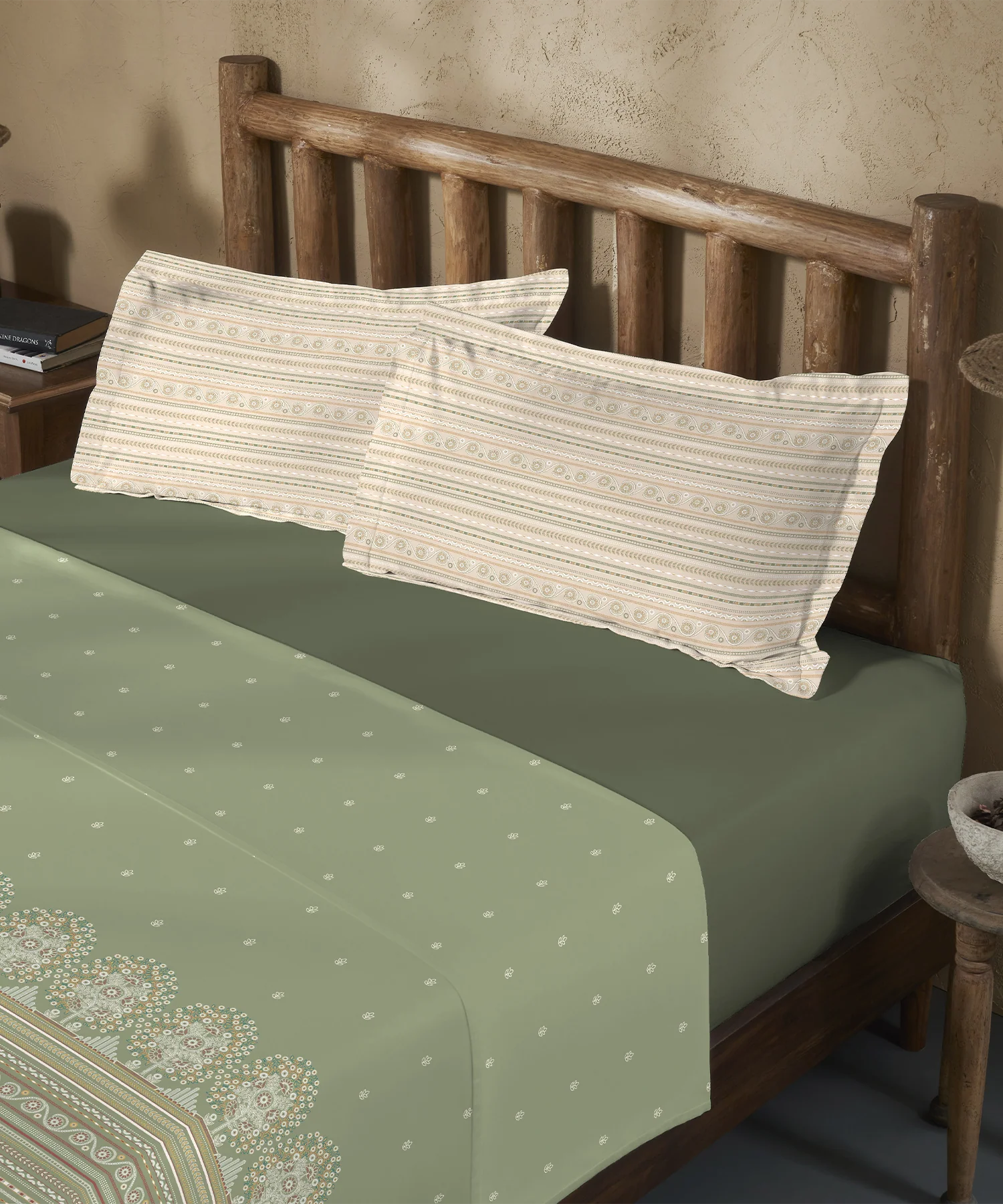Sanskriti Bedding Set, Rogan Art Olive| 180 TC, 180 Cotton| 4 Pc Set - Image 3