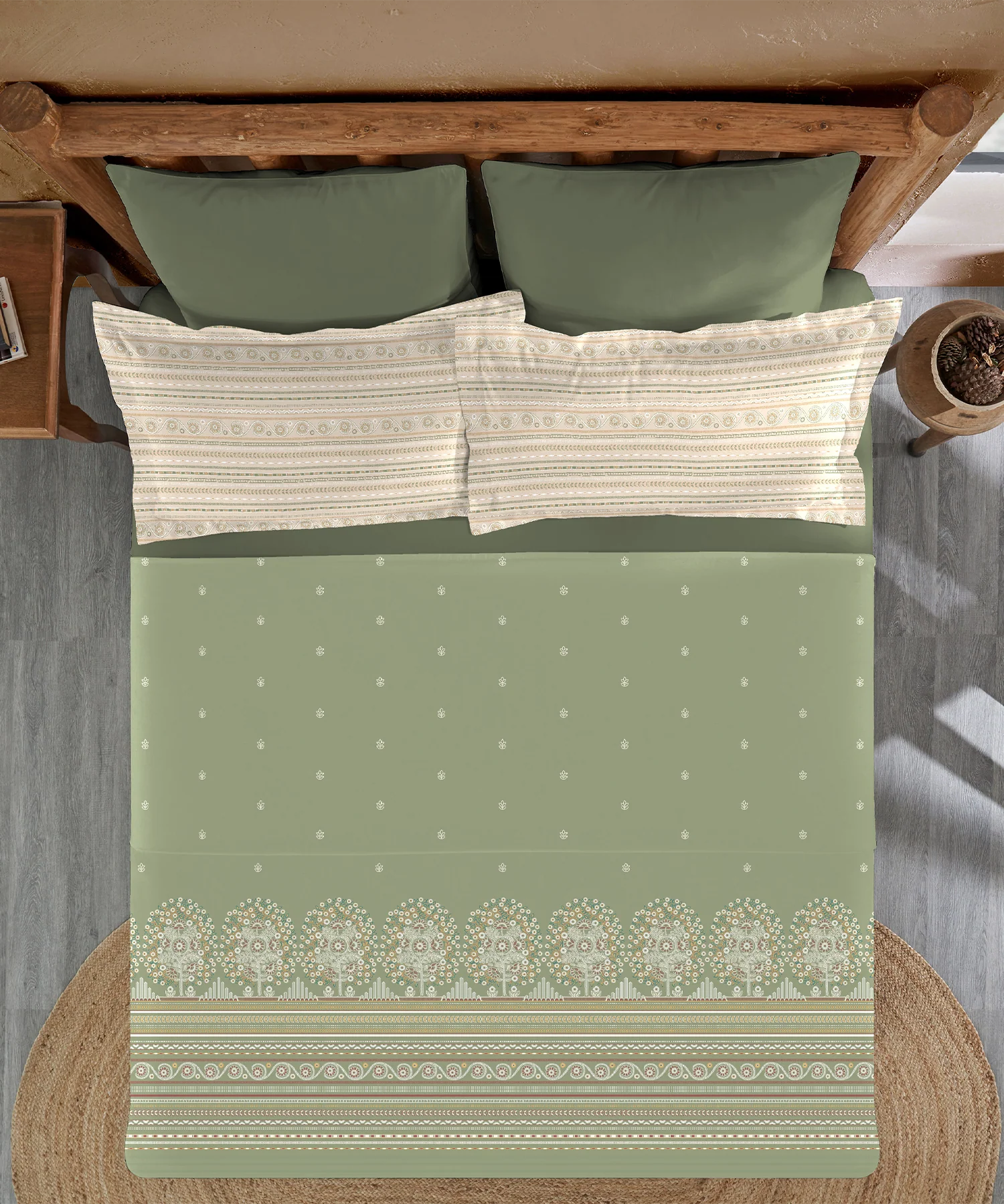 Sanskriti Bedding Set, Rogan Art Olive| 180 TC, 180 Cotton| 4 Pc Set - Image 4