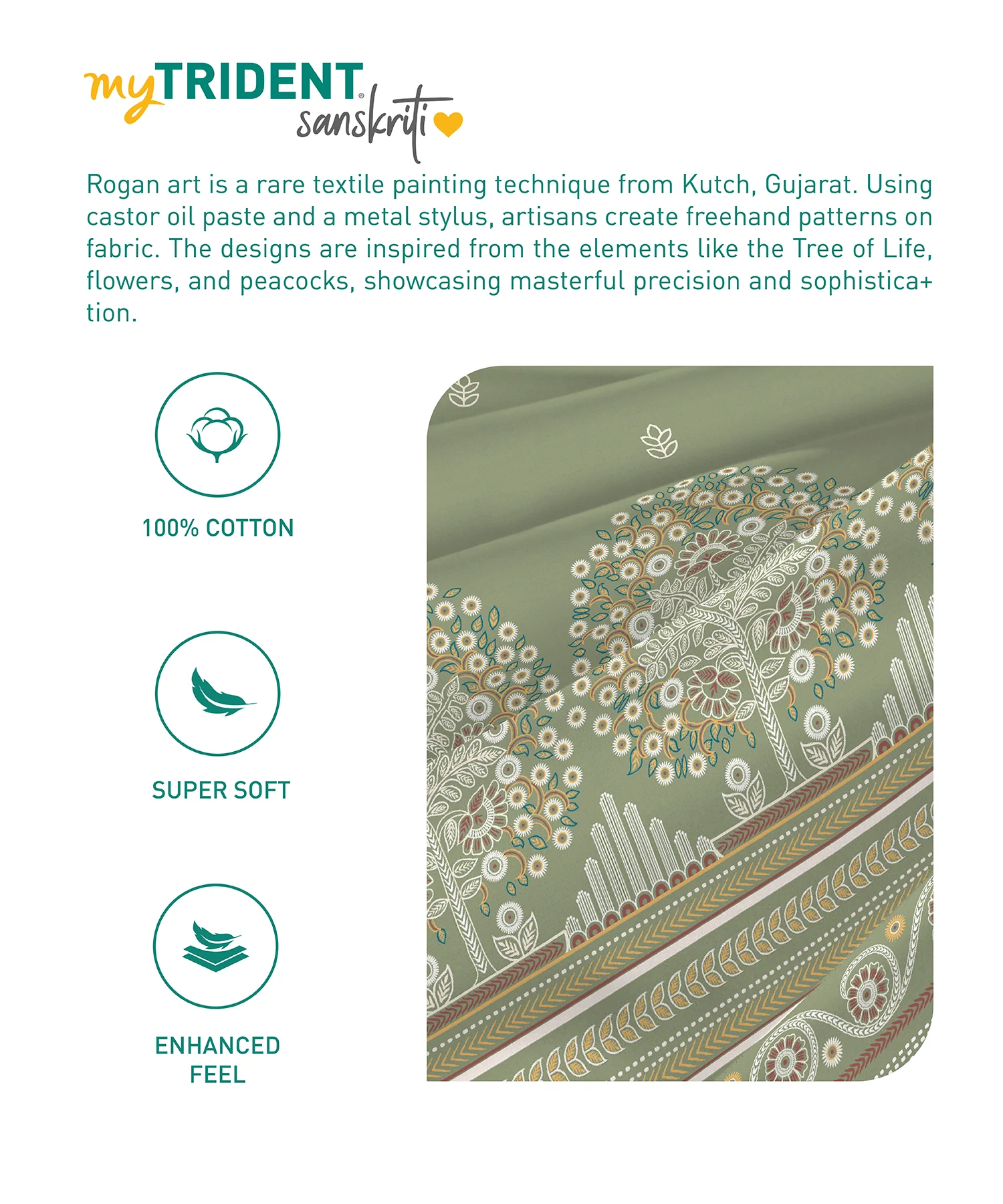 Sanskriti Bedding Set, Rogan Art Olive| 180 TC, 180 Cotton| 4 Pc Set - Image 7