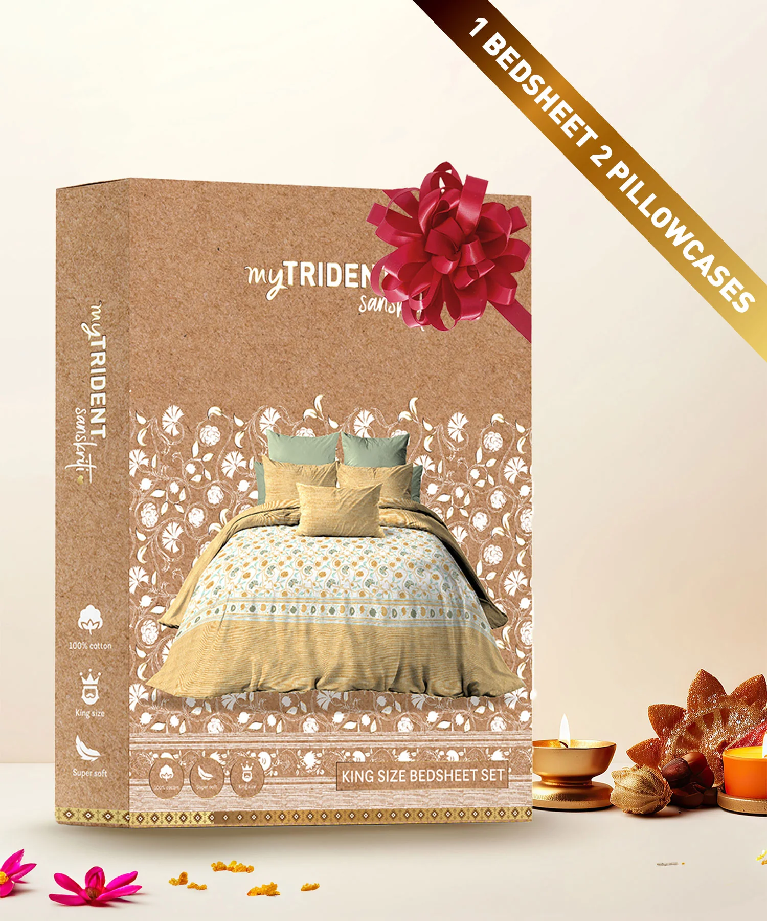 Sanskriti King Bedsheet Set, Block Print Mastard| 144TC Cotton|2 Pillow Covers - Image 2