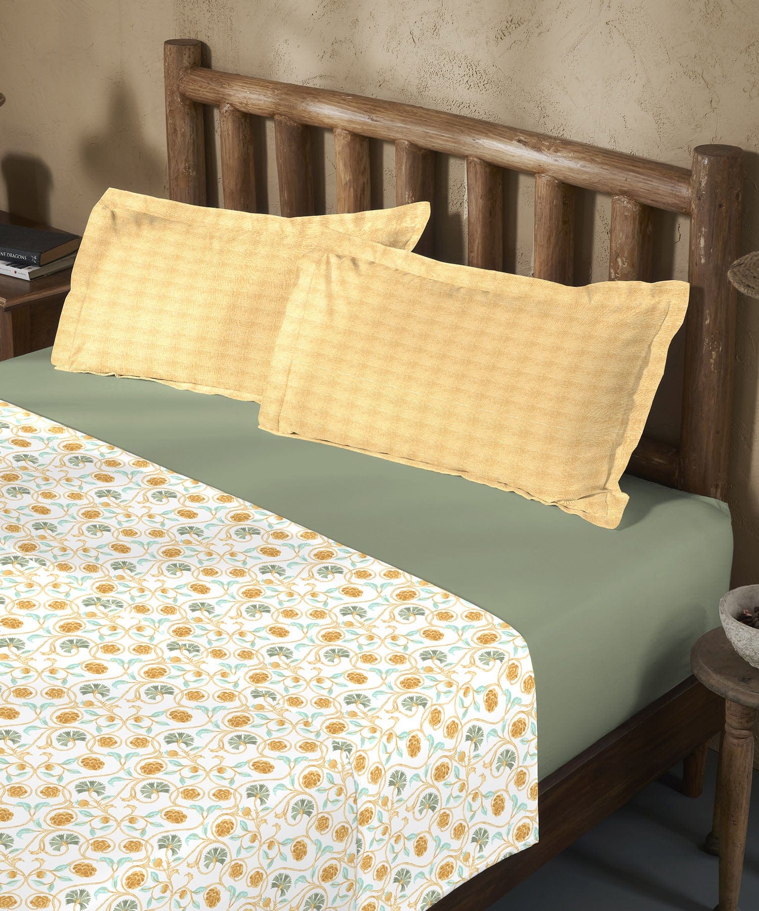 Sanskriti King Bedsheet Set, Block Print Mastard| 144TC Cotton|2 Pillow Covers - Image 5