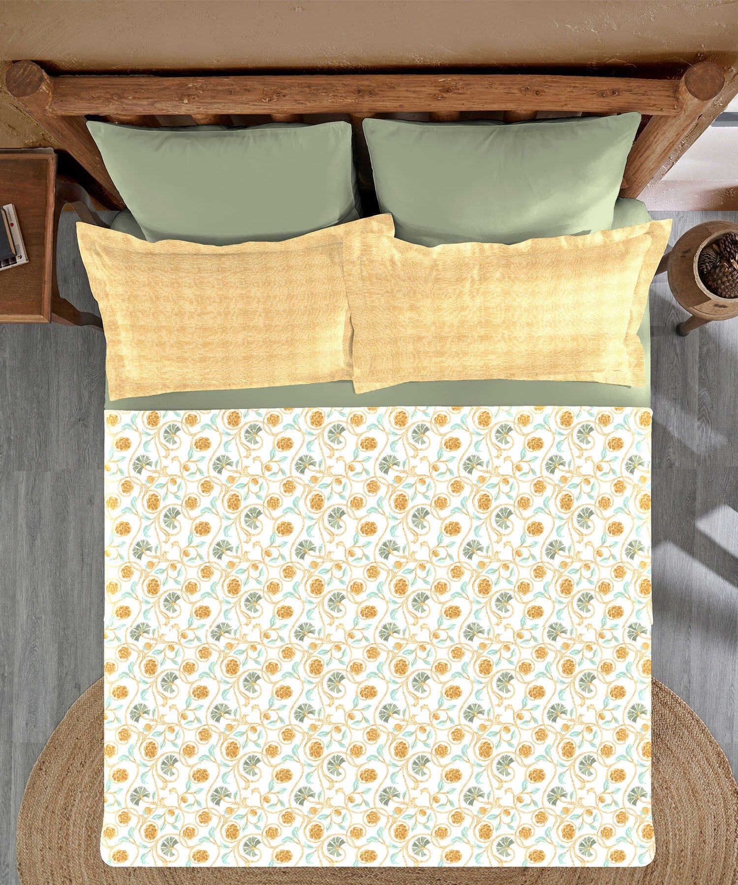 Sanskriti King Bedsheet Set, Block Print Mastard| 144TC Cotton|2 Pillow Covers - Image 6