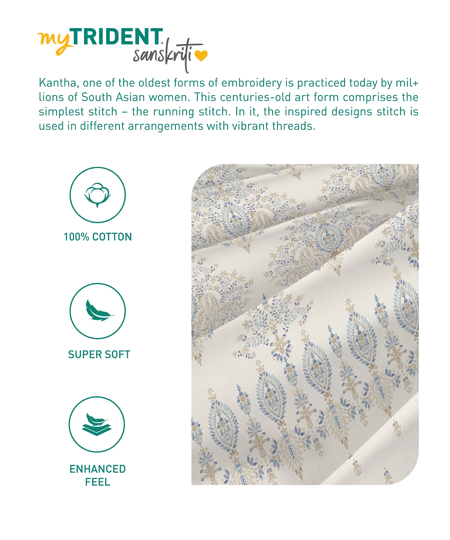 Sanskriti King Bedsheet Gift Set, Kantha Blue| 180 TC Cotton| 2 Pillow Covers - Image 8