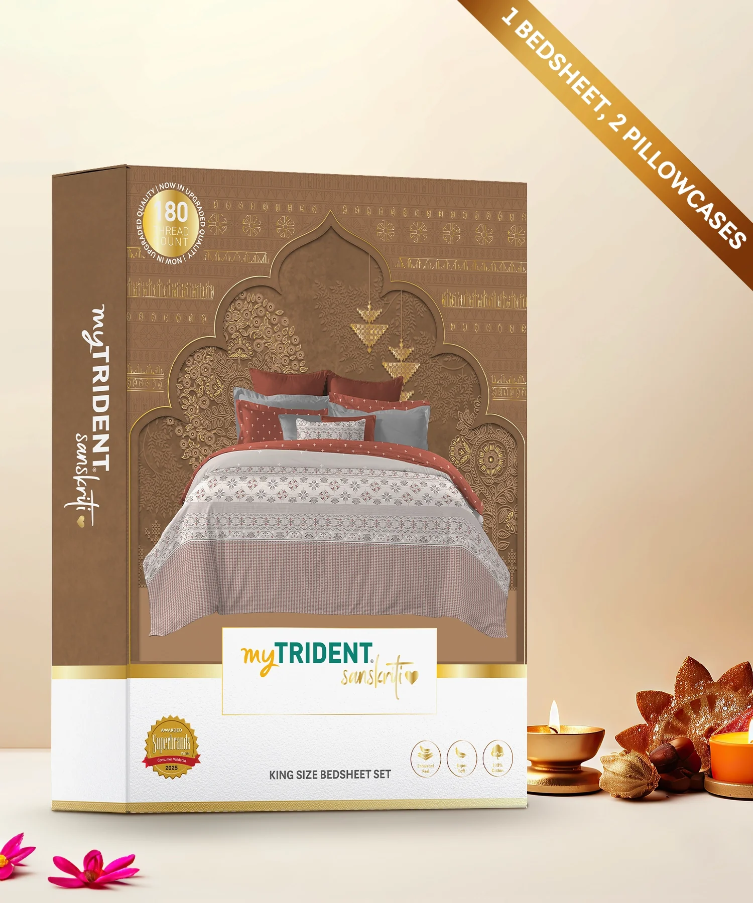 Sanskriti King Bedsheet Gift Set, Kasuti Grey| 180 TC Cotton| 2 Pillow Covers - Image 2