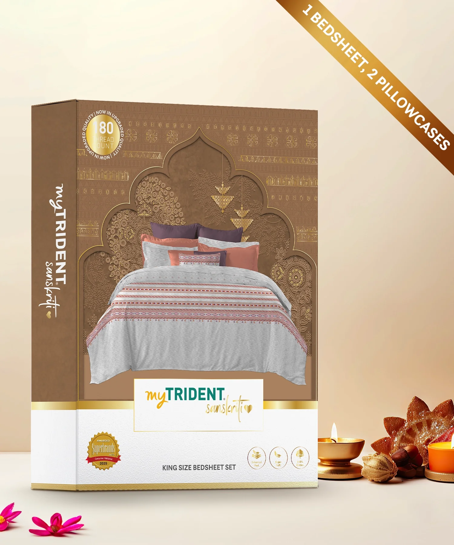 Sanskriti King Bedsheet Set, Kullu Shawl Grey| 180 TC Cotton| 2 Pillow Covers - Image 2