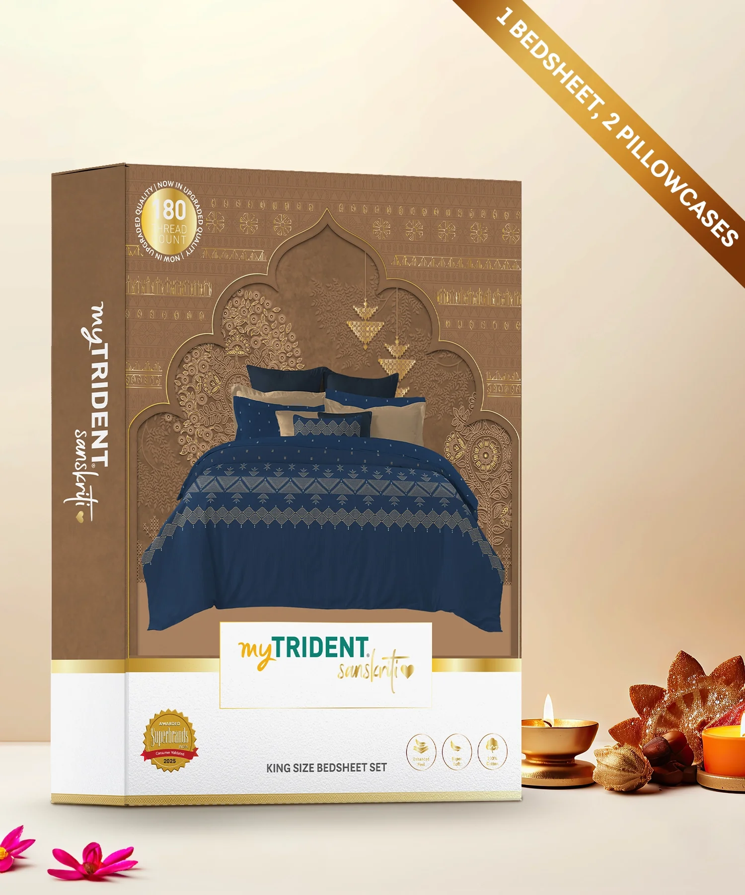 Sanskriti King Bedsheet Gift Set, Phulkari Blue| 180 TC Cotton| 2 Pillow Covers - Image 2