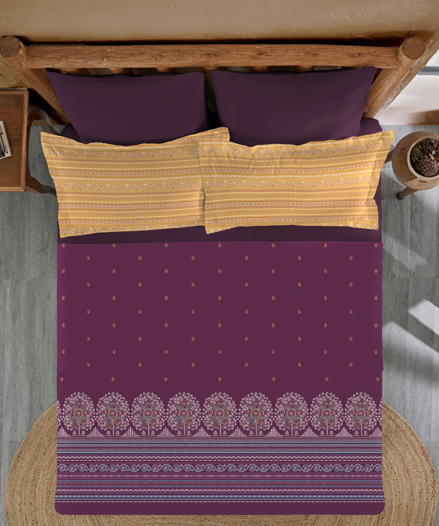 Sanskriti King Bedsheet Gift Set, Rogan Art Plum| 180 TC Cotton| 2 Pillow Covers - Image 5