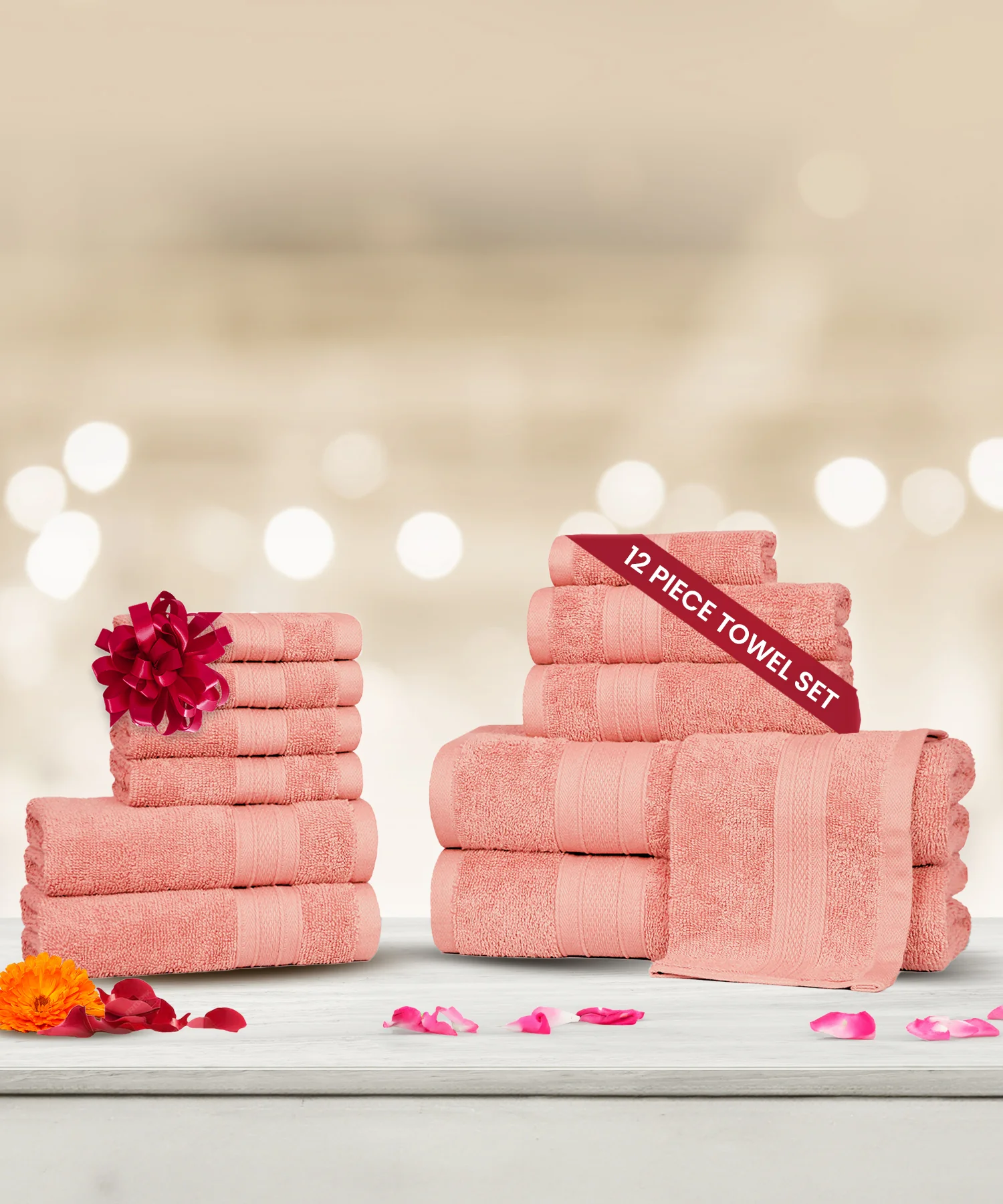 Soft Comfort 12Pc Towel Set, Coral Haze|509 GSM Cotton|Air Rich Technology - Image 3