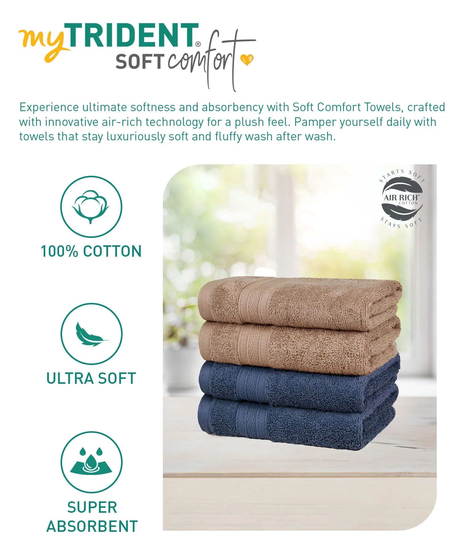 Soft Comfort 4 Pc Hand Towel, Acorn & Navy| 509 GSM Cotton|Air Rich Technology - Image 6