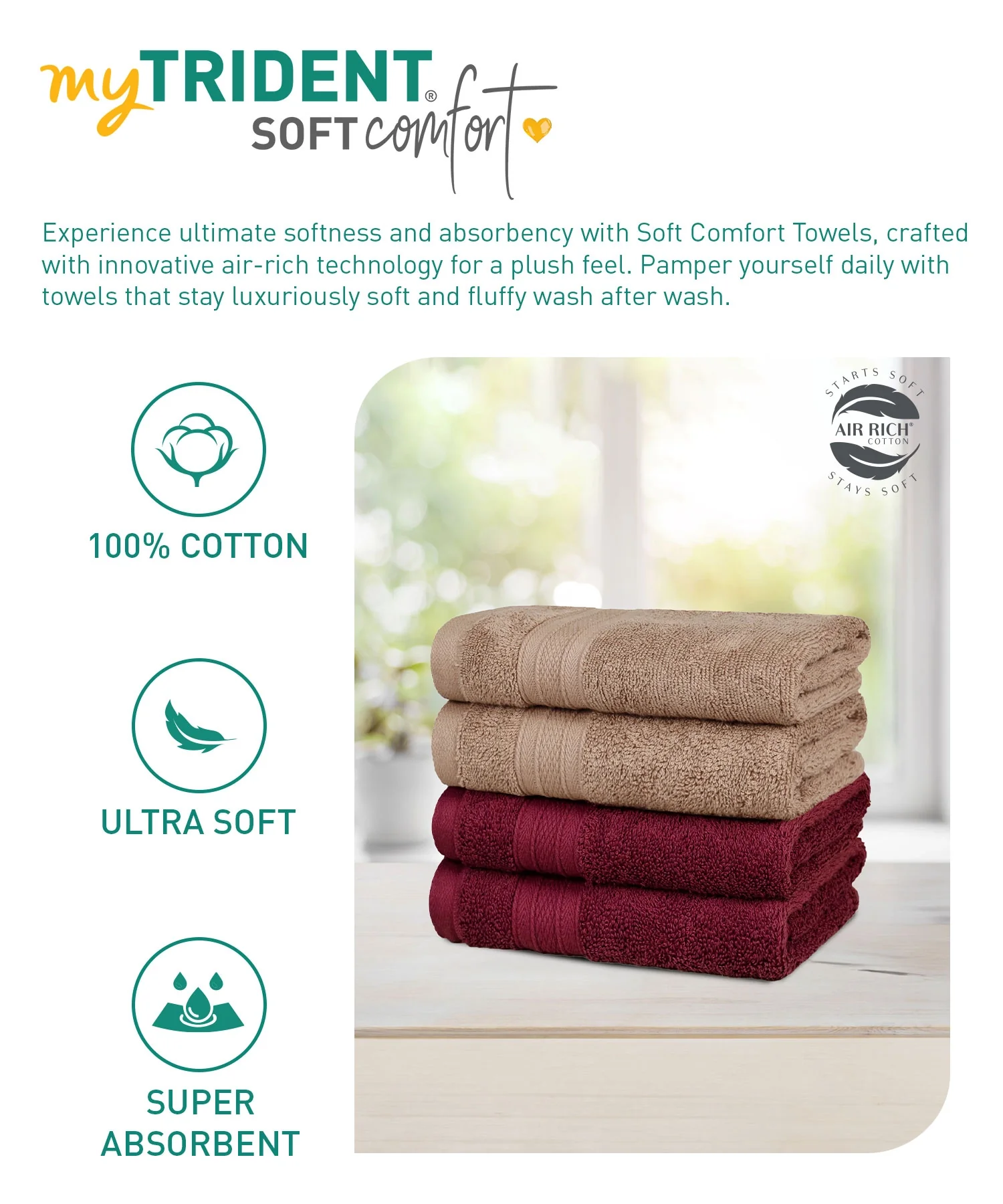 Soft Comfort 4 Pc Hand Towel, Acorn & Wine Red| 509 GSM Cotton|Air Rich Technology - Image 6