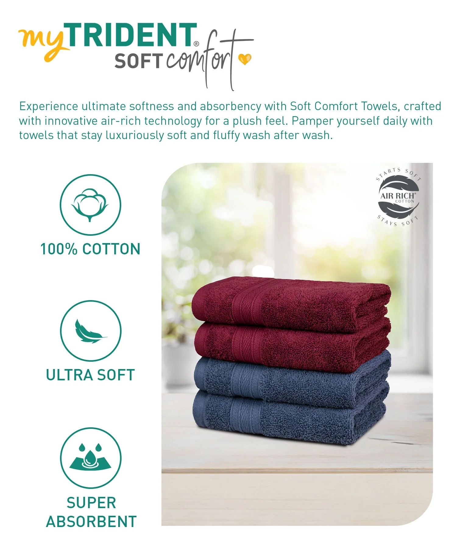 Soft Comfort 4 Pc Hand Towel, Wine Red & Navy| 509 GSM Cotton|Air Rich Technology - Image 6