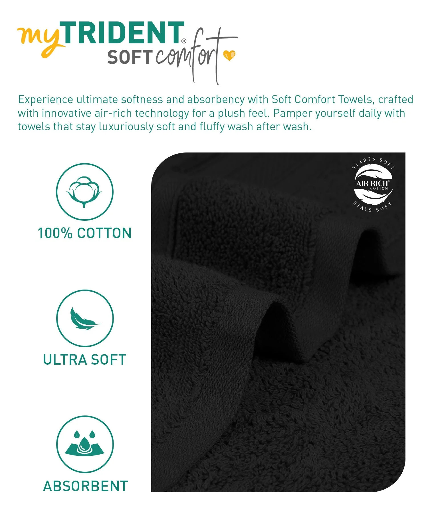 Soft Comfort 3Pc Towel Set, Black|509 GSM Cotton|Air Rich Technology - Image 8
