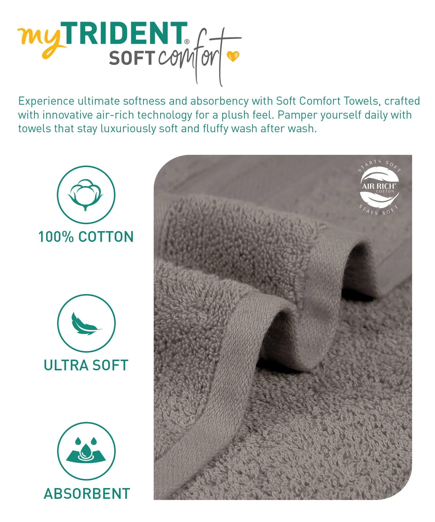 Soft Comfort 3Pc Towel Set, Charcoal|509 GSM Cotton|Air Rich Technology - Image 4