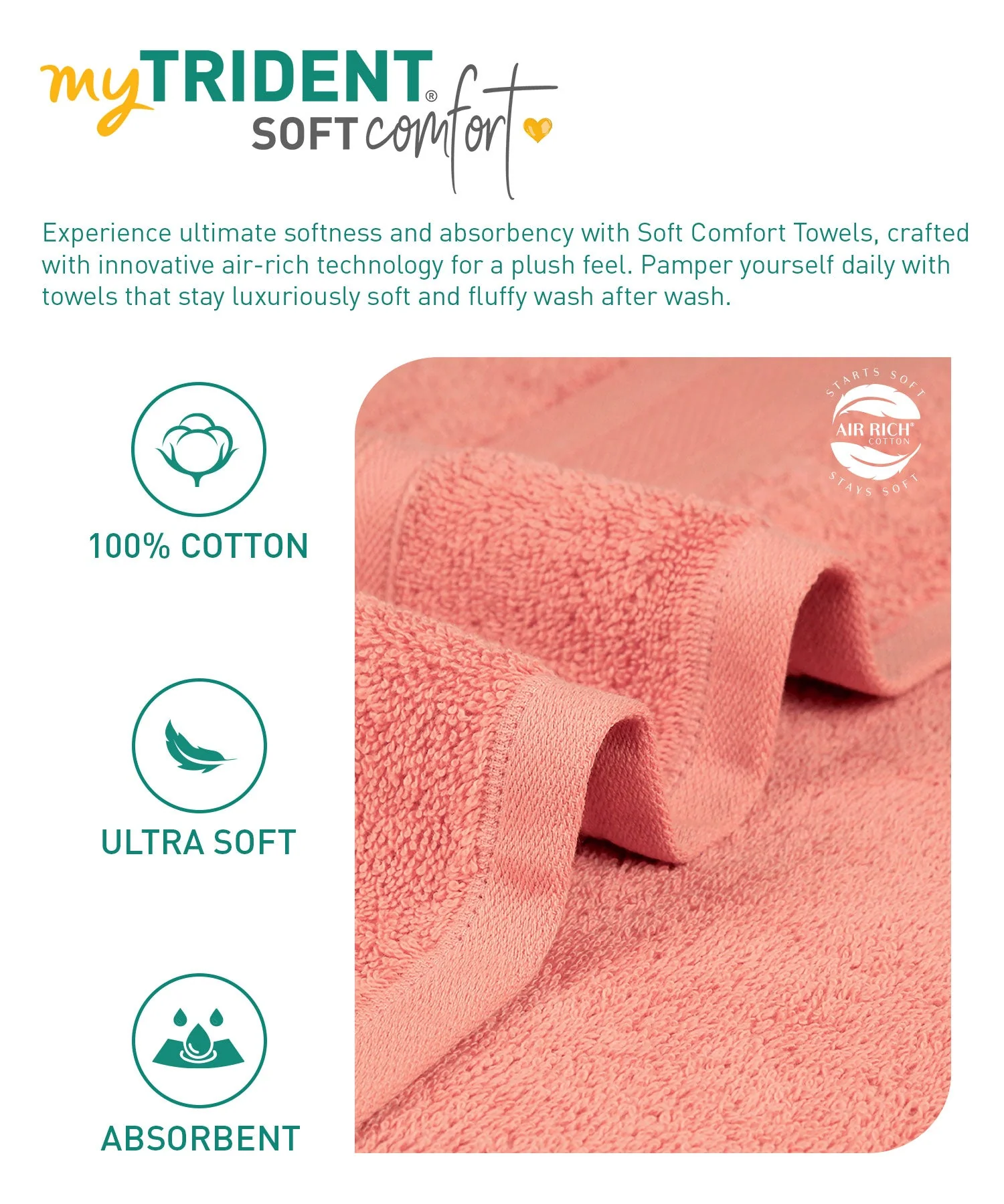 Soft Comfort 3Pc Towel Set, Coral Haze|509 GSM Cotton|Air Rich Technology - Image 8