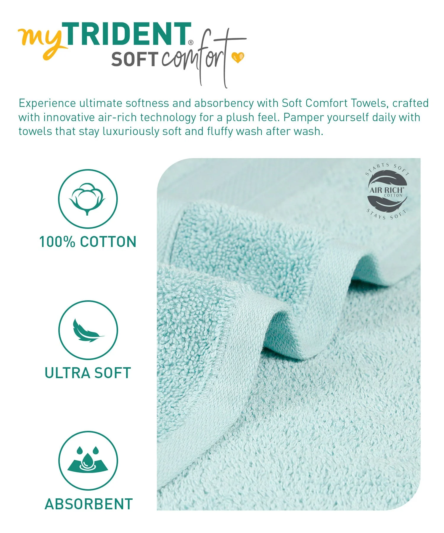 Soft Comfort 3Pc Towel Set, Nile Blue|509 GSM Cotton|Air Rich Technology - Image 8