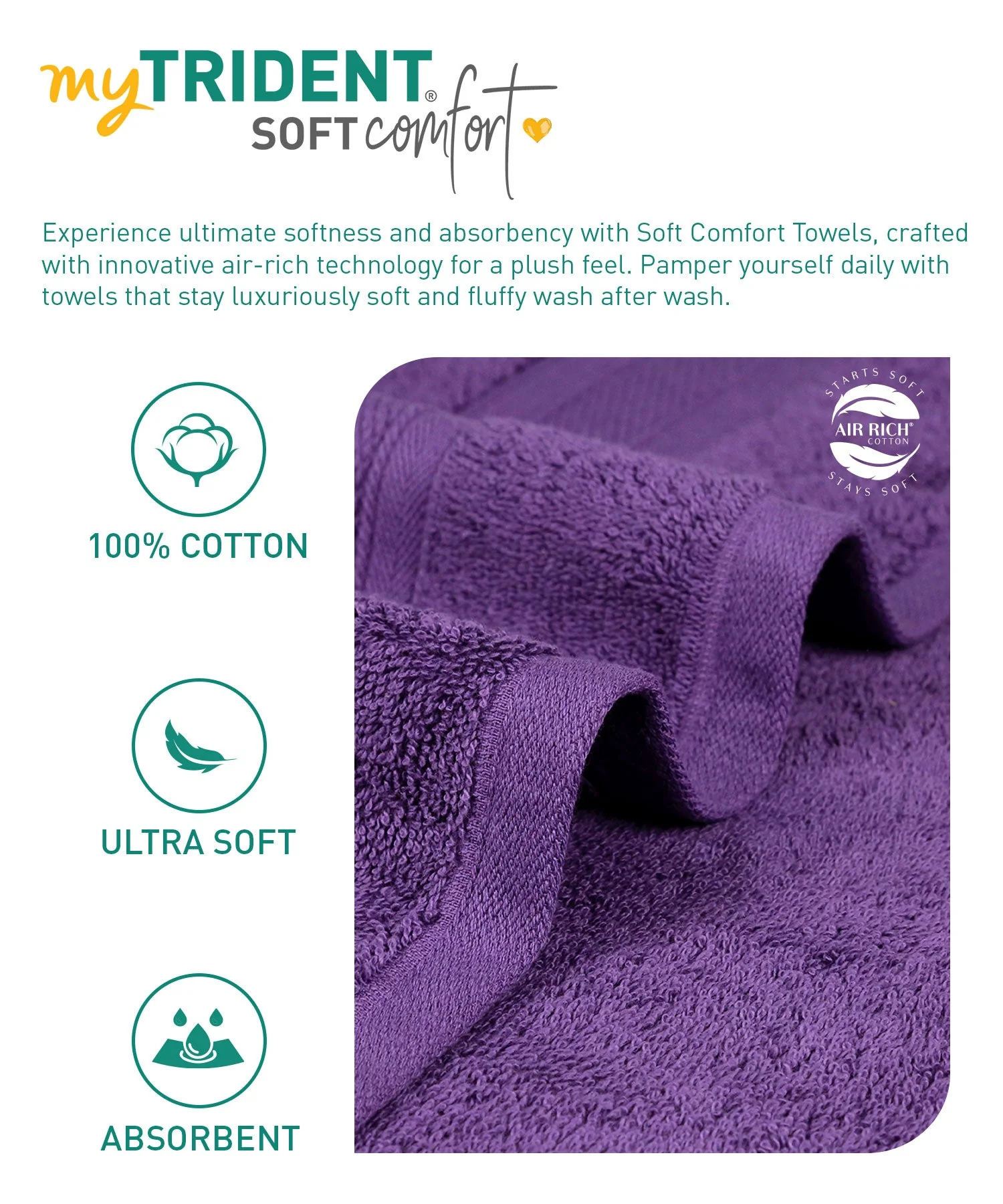 Soft Comfort 3Pc Towel Set, Plum|509 GSM Cotton|Air Rich Technology - Image 8
