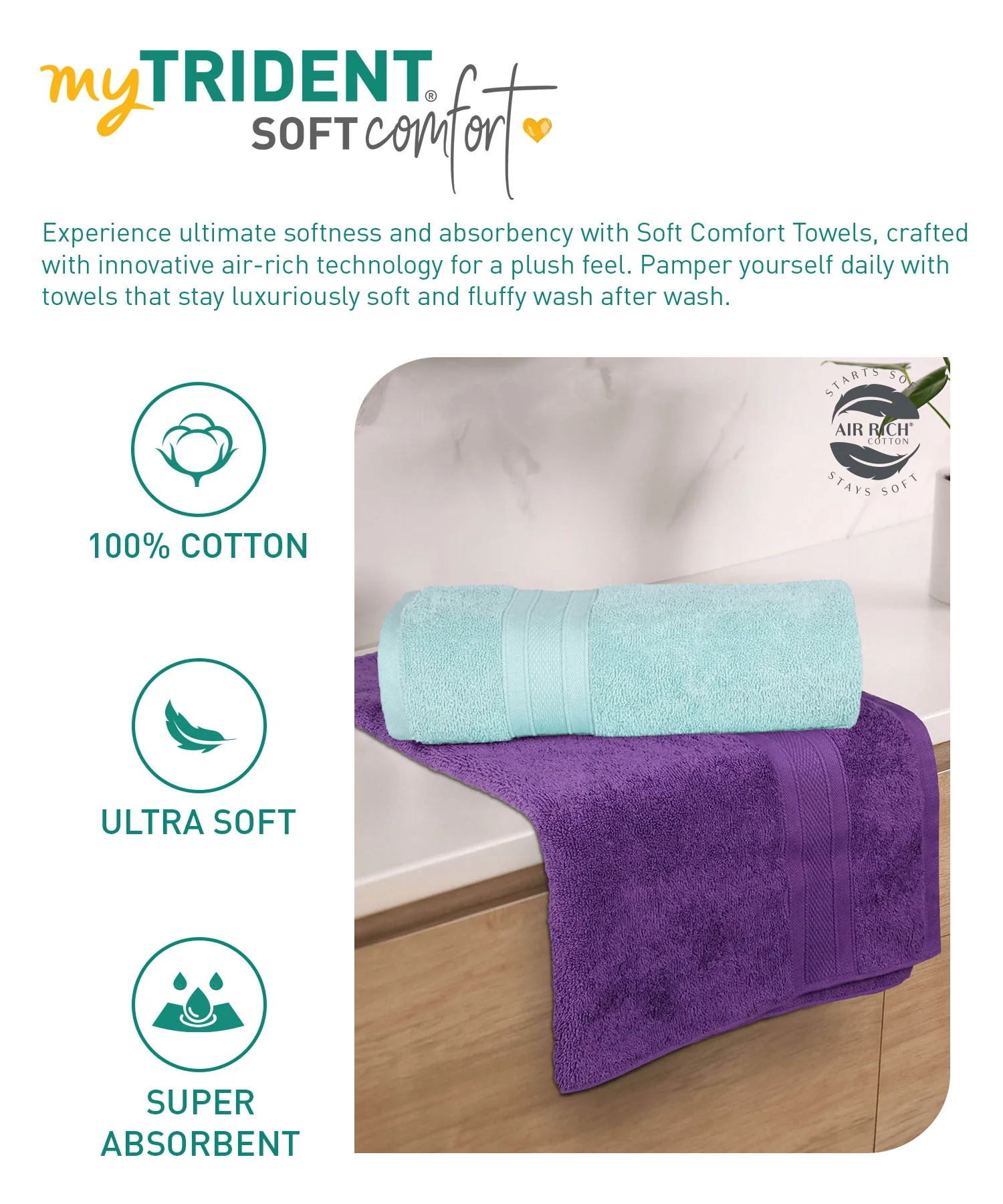 Soft Comfort 2 Pc Bath Towel, Nile Blue & Plum| 509 GSM Cotton|Air Rich Technology - Image 6