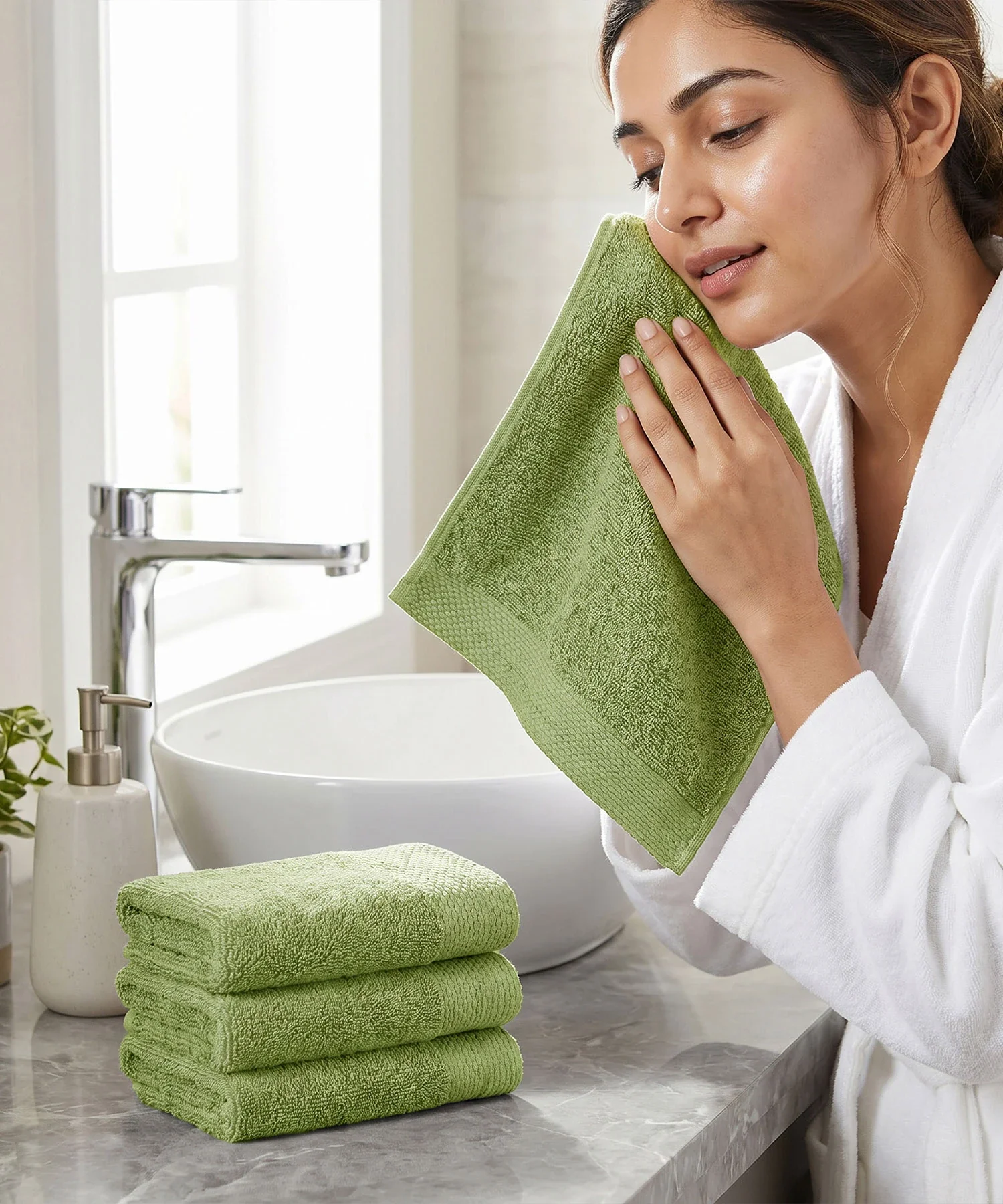Soft Comfort 4Pc Face Towel Set, Olive|600 GSM Cotton|Superior Softness - Image 3