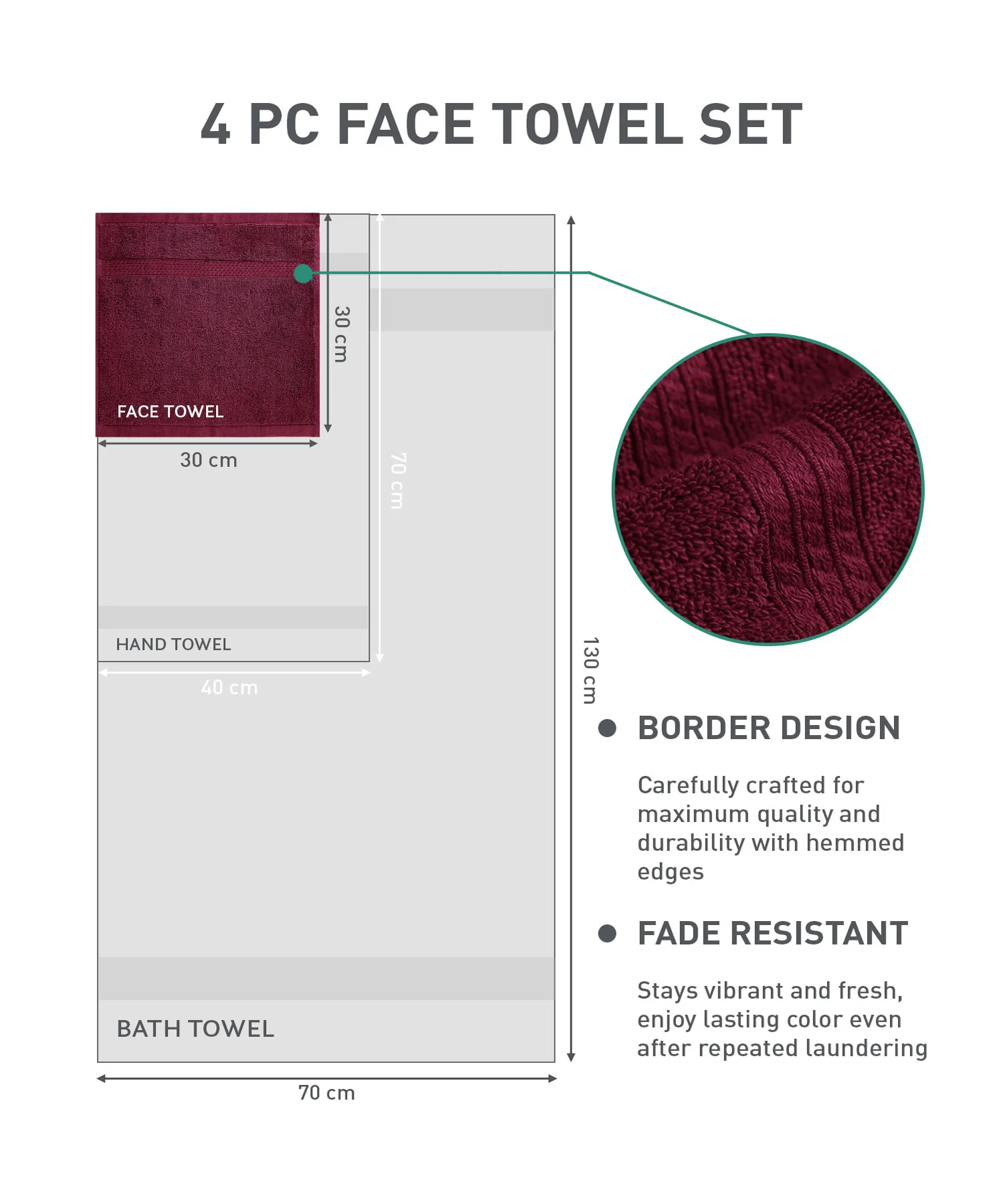 Soft Comfort 4Pc Face Towel Set, Wine Red |600 GSM Cotton|Fade Resistance - Image 7