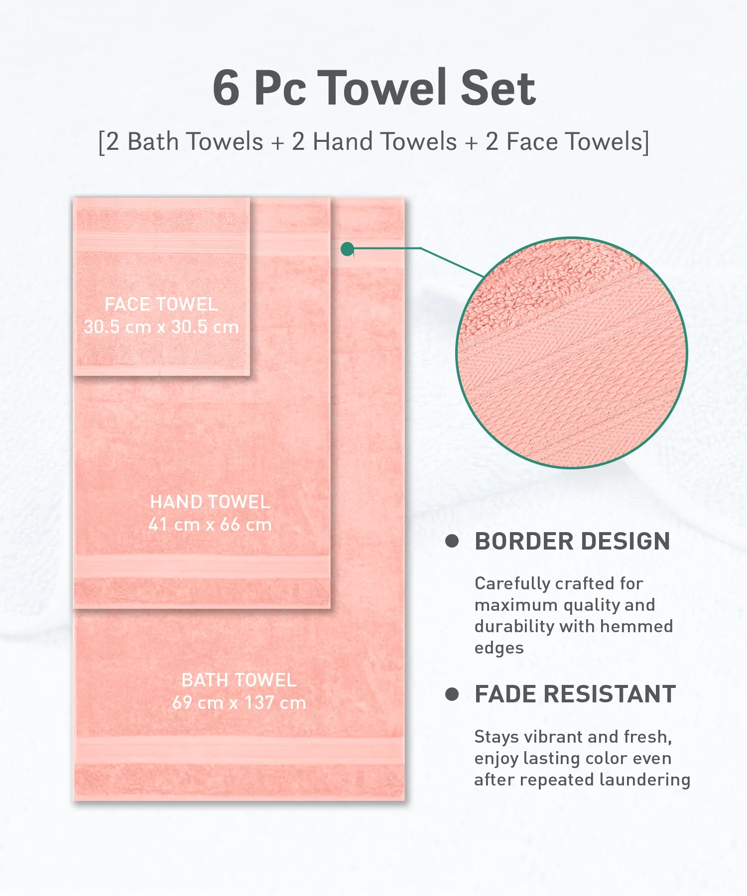Soft Comfort 6Pc Towel Set, Coral Haze|509 GSM Cotton|Air Rich Technology - Image 10