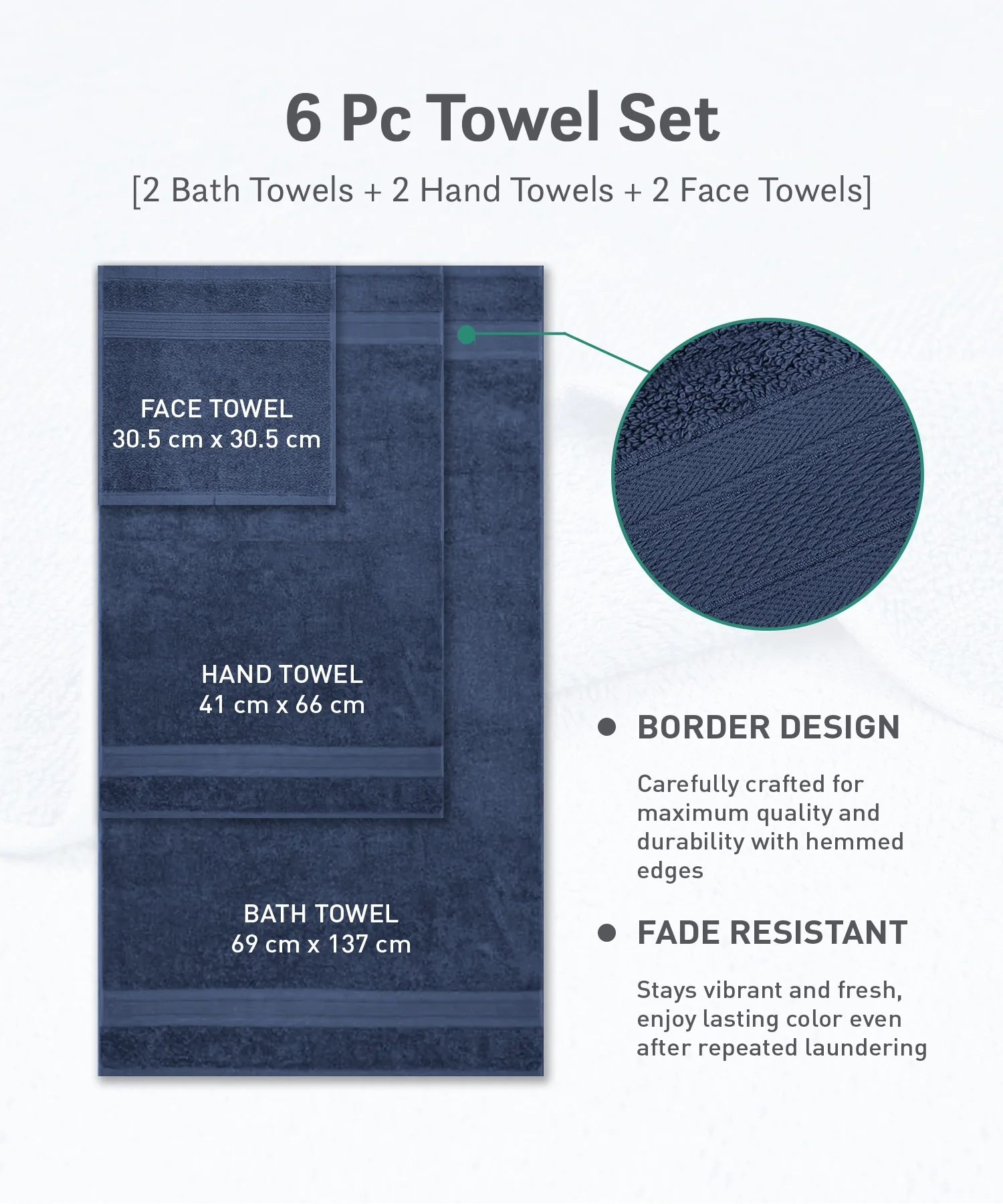 Soft Comfort 6Pc Towel Set, Navy|509 GSM Cotton|Air Rich Technology - Image 10
