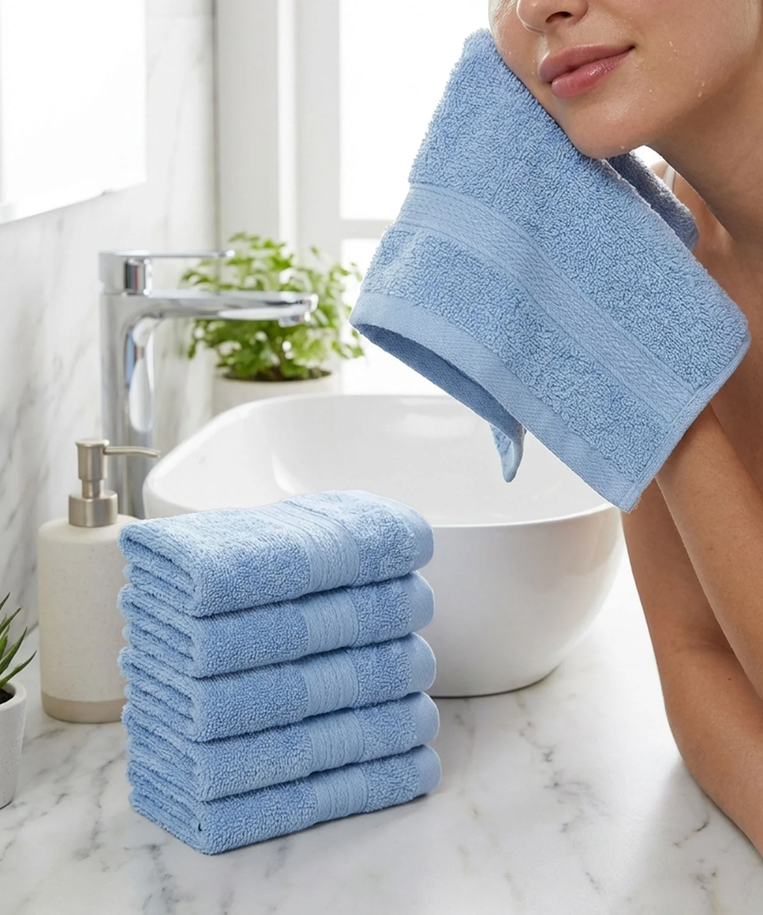 Soft Comfort 6Pc Face Towel Set, Allure, Blue|509 GSM Cotton|Air Rich Technology - Image 3