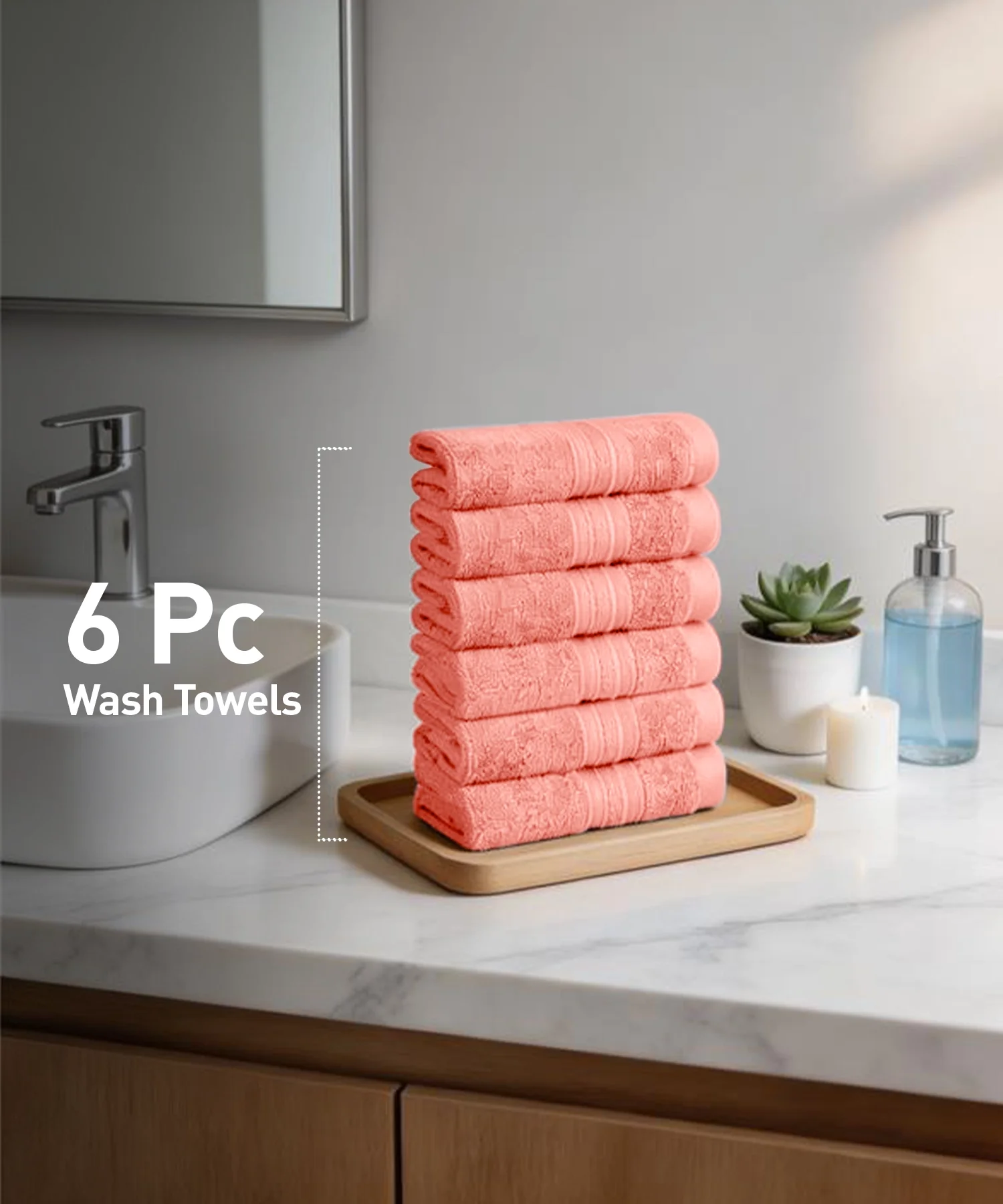 Soft Comfort 6Pc Face Towel Set, Coral Haze|509 GSM Cotton|Air Rich Technology - Image 2