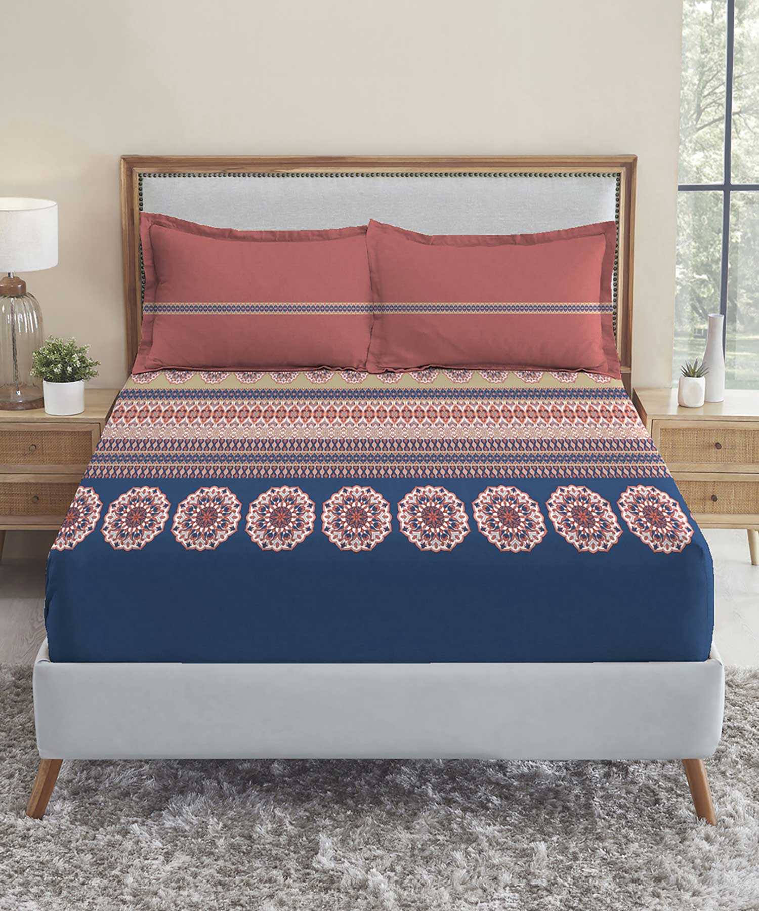 Soft Comfort King Fitted Bedsheet Set, Earthy Tale|210 TC Cotton|2 Pillow Covers - Image 2