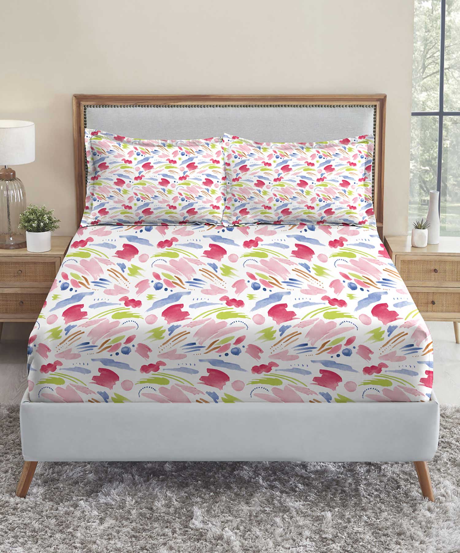 Soft Comfort King Fitted Bedsheet Set, Sweet Temptation|210 TC Cotton|2 Pillow Covers - Image 2