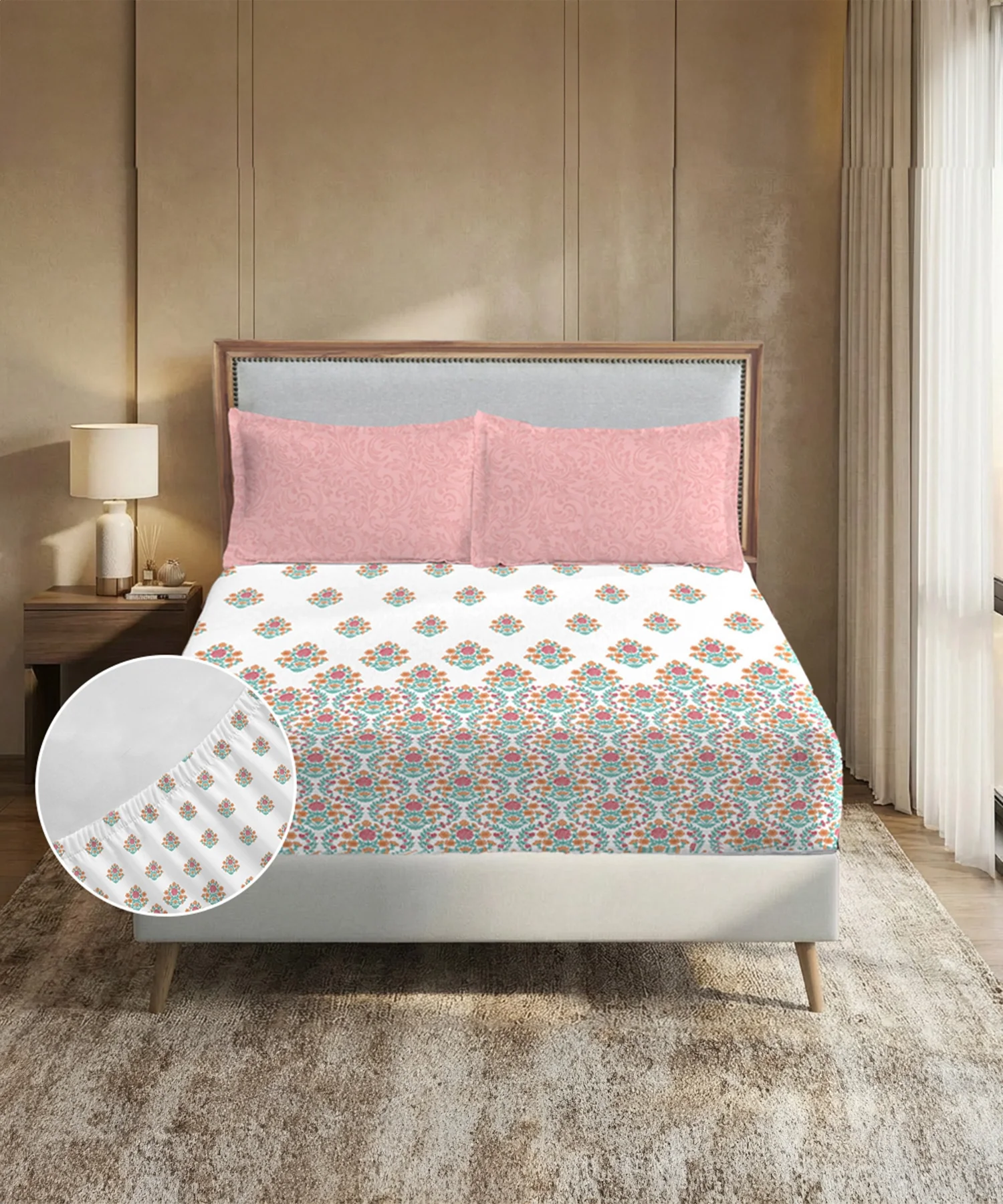 Soft Comfort King Fitted Bedsheet Set, Cascade |200TC Cotton|2 Pillow Covers - Image 2