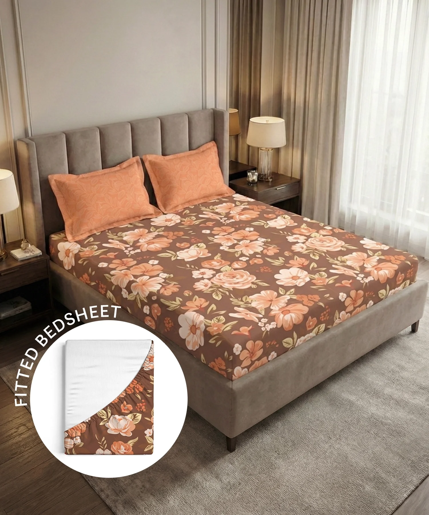 Soft Comfort King Fitted Bedsheet Set, CHARLOTTE |180 TC Cotton|2 Pillow Covers