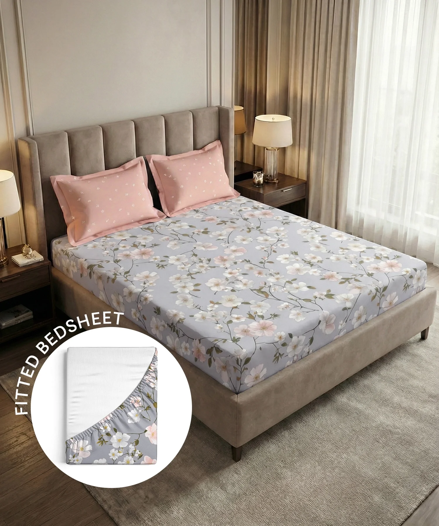 Soft Comfort King Fitted Bedsheet Set, ELYSIN |180 TC Cotton|2 Pillow Covers
