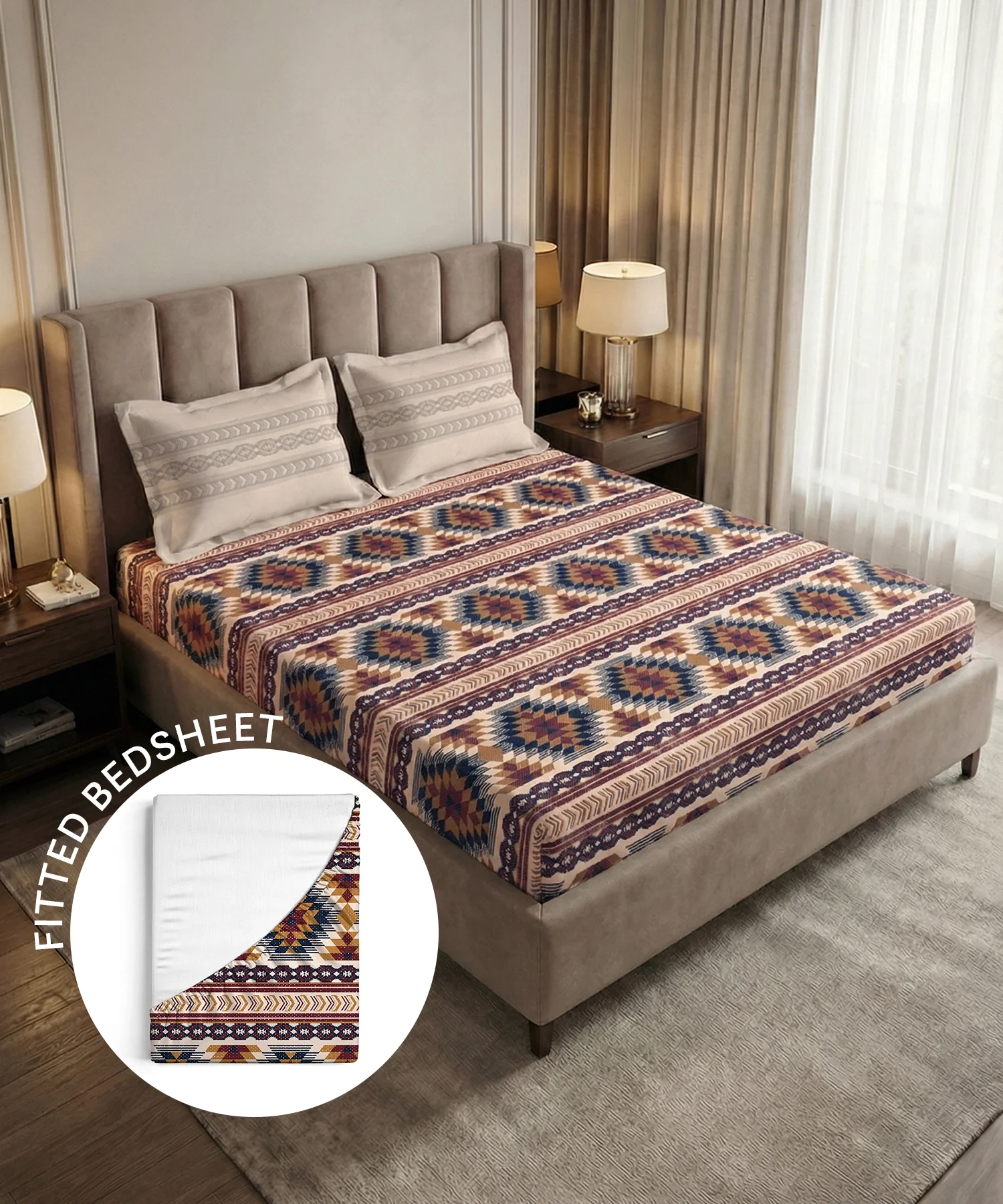 Soft Comfort King Fitted Bedsheet Set, GRACE |180 TC Cotton|2 Pillow Covers