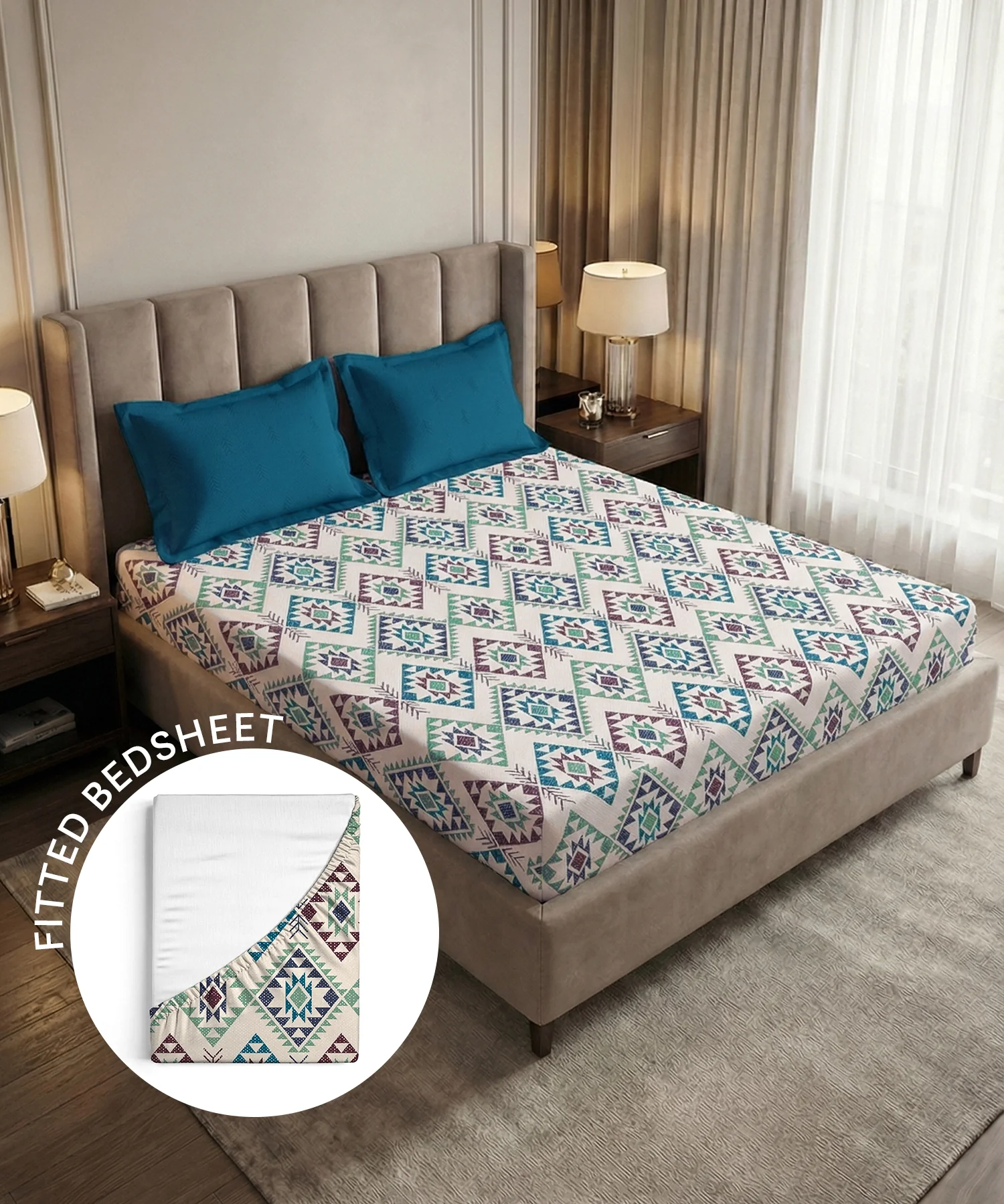 Soft Comfort King Fitted Bedsheet Set, ORNA |180 TC Cotton|2 Pillow Covers