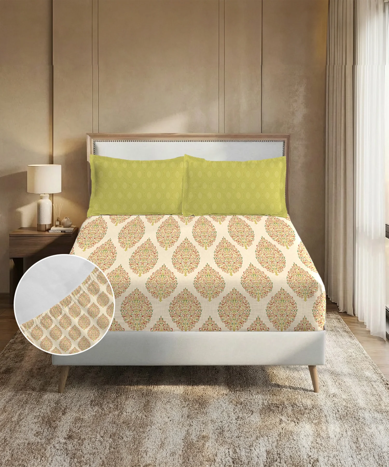 Soft Comfort King Fitted Bedsheet Set, Soft Paisley |200TC Cotton|2 Pillow Covers - Image 2