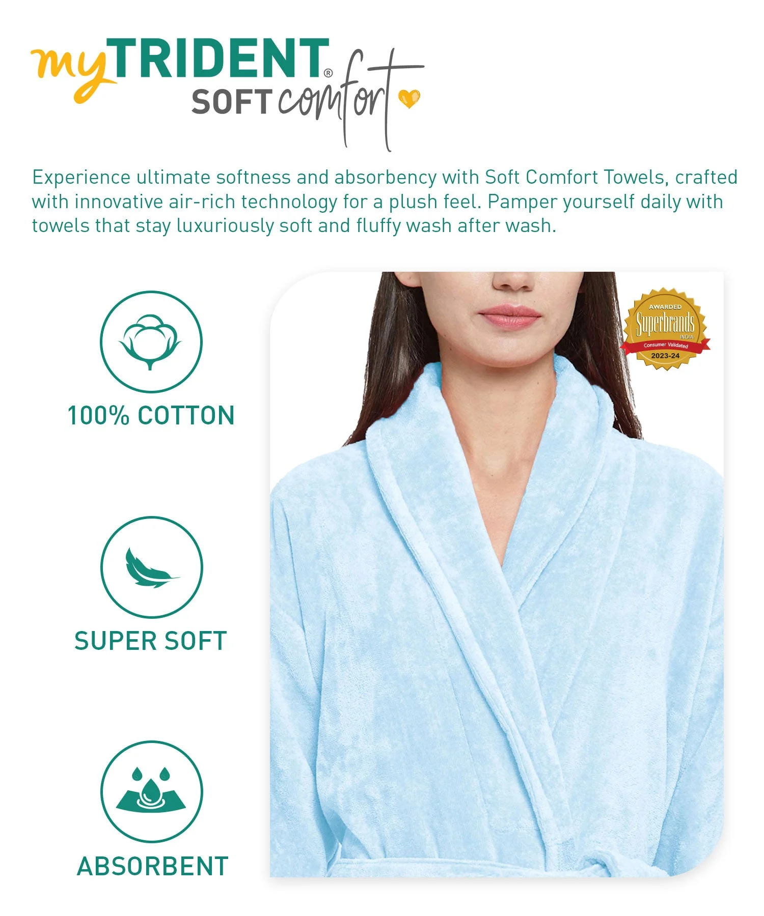 Soft Comfort Unisex Large Bathrobe, Pure Aqua| 300 GSM Cotton| Sheared Velvet Touch - Image 6