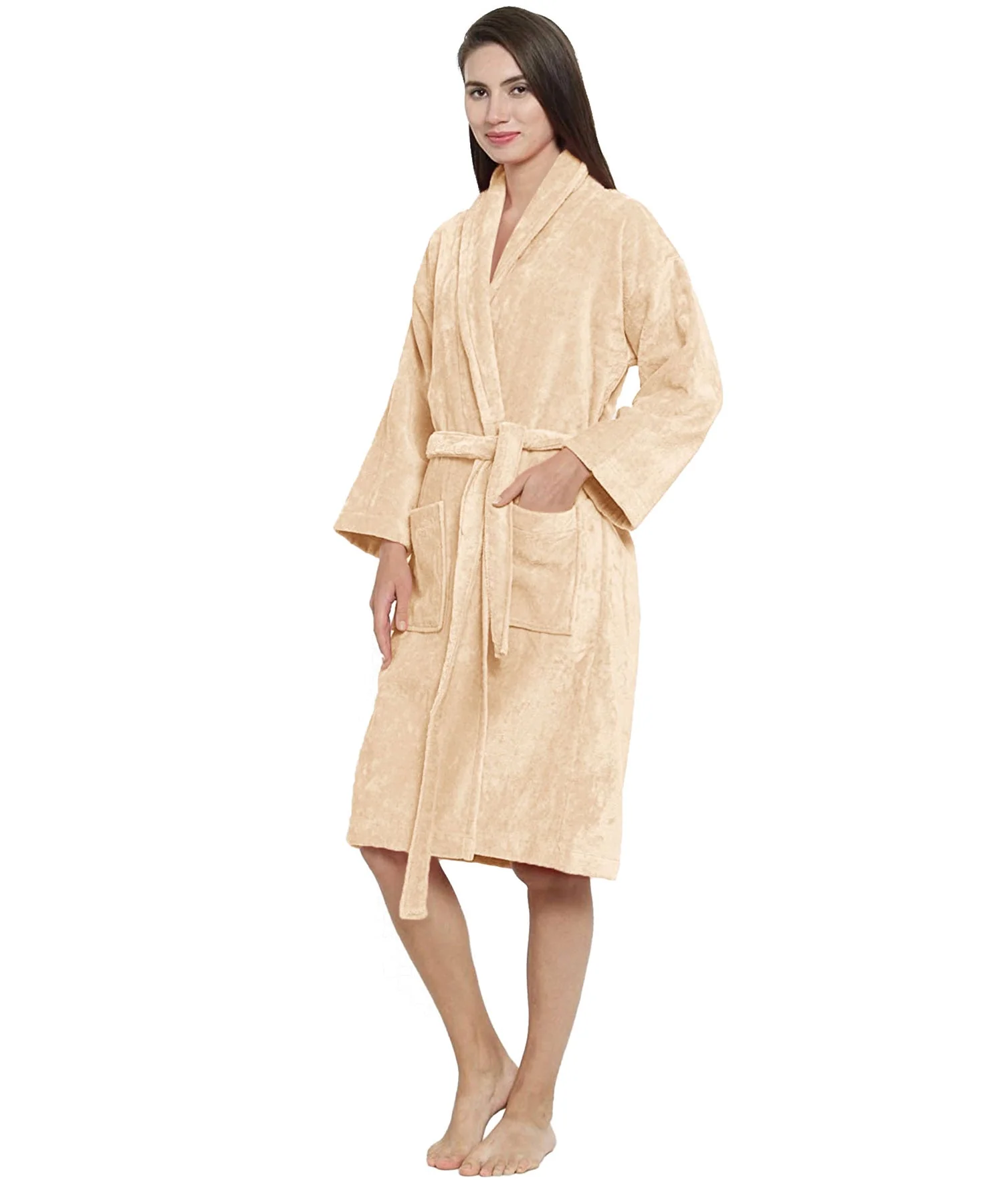 Soft Comfort Unisex Medium Bathrobe, Bleached Sand| 300 GSM Cotton| Sheared Velvet Touch - Image 4