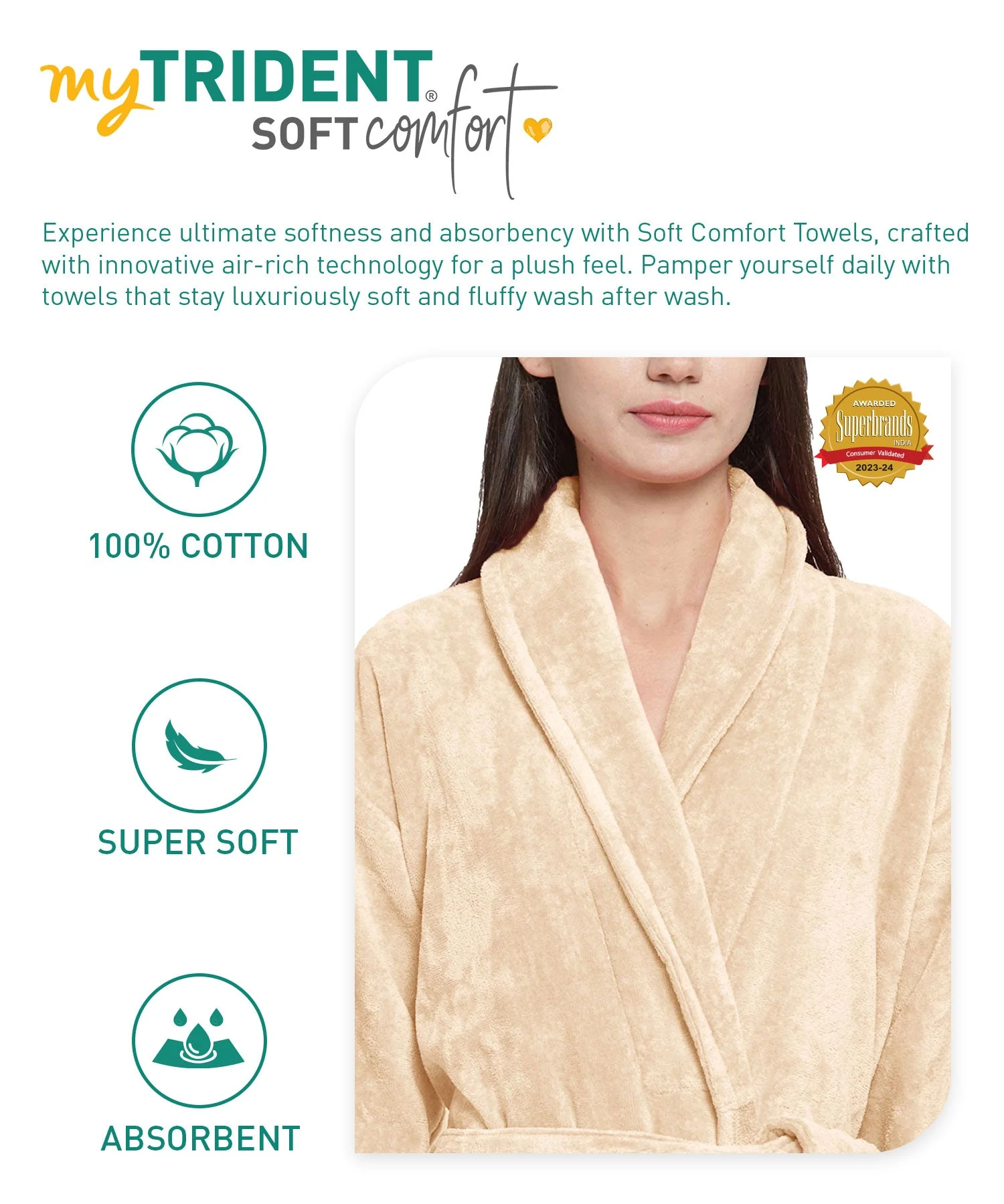 Soft Comfort Unisex Medium Bathrobe, Bleached Sand| 300 GSM Cotton| Sheared Velvet Touch - Image 6