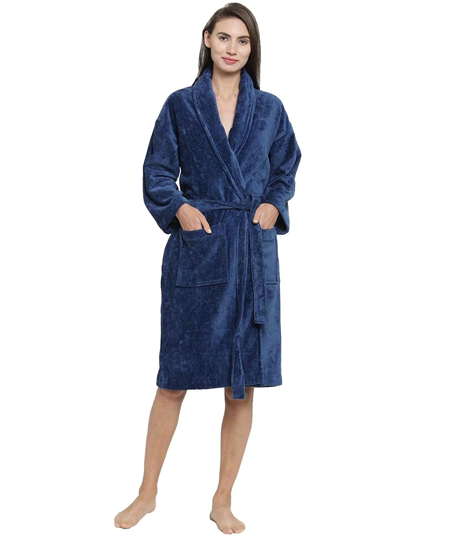 Soft Comfort Unisex Medium Bathrobe, Medieval Blue| 300 GSM Cotton| Sheared Velvet Touch - Image 3