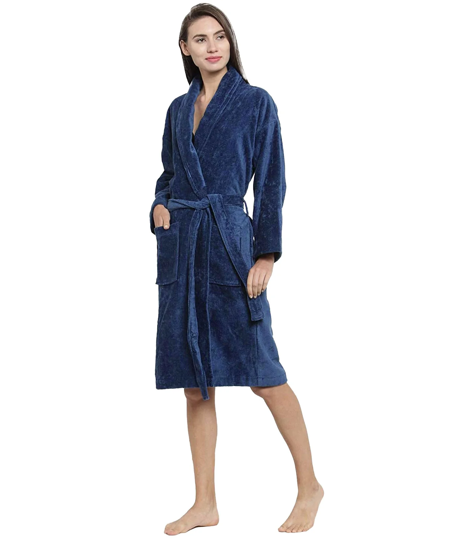 Soft Comfort Unisex Medium Bathrobe, Medieval Blue| 300 GSM Cotton| Sheared Velvet Touch - Image 4