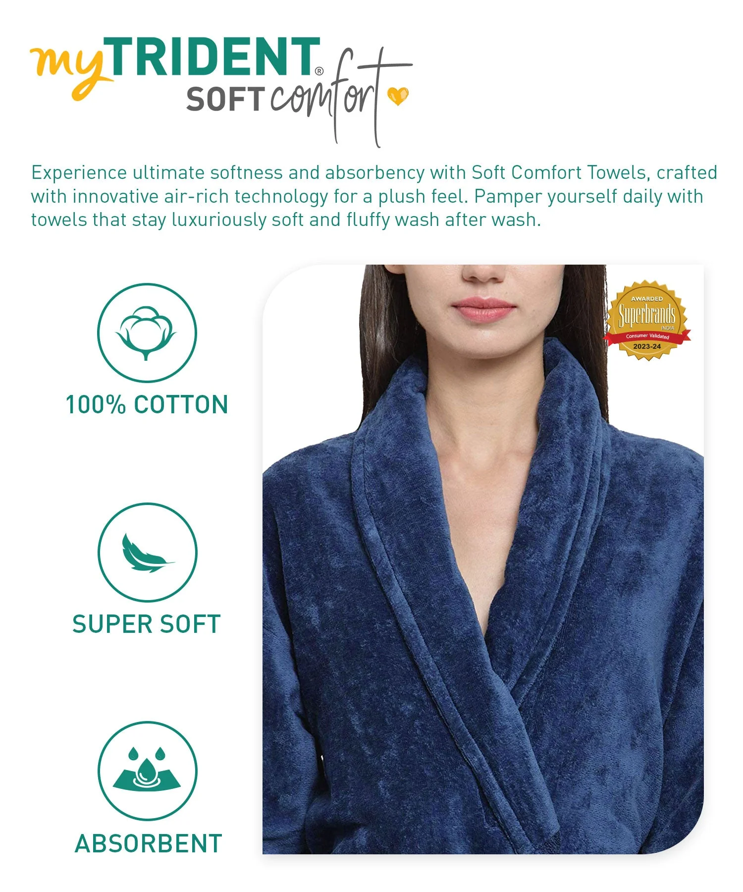 Soft Comfort Unisex Medium Bathrobe, Medieval Blue| 300 GSM Cotton| Sheared Velvet Touch - Image 6