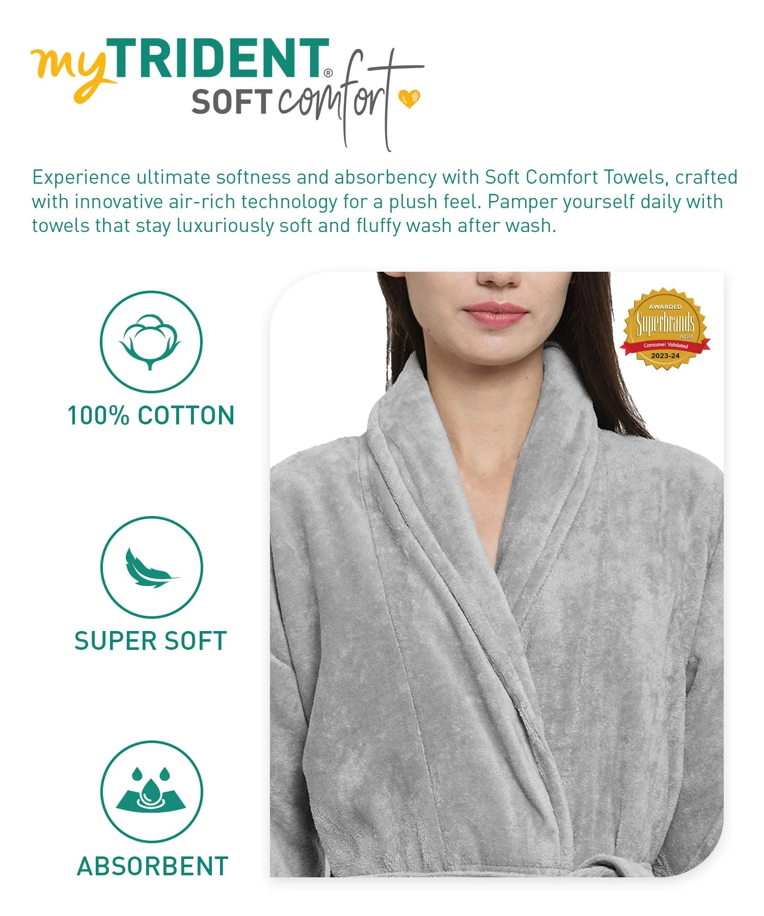 Soft Comfort Unisex Medium Bathrobe, Real Steel| 300 GSM Cotton| Sheared Velvet Touch - Image 6
