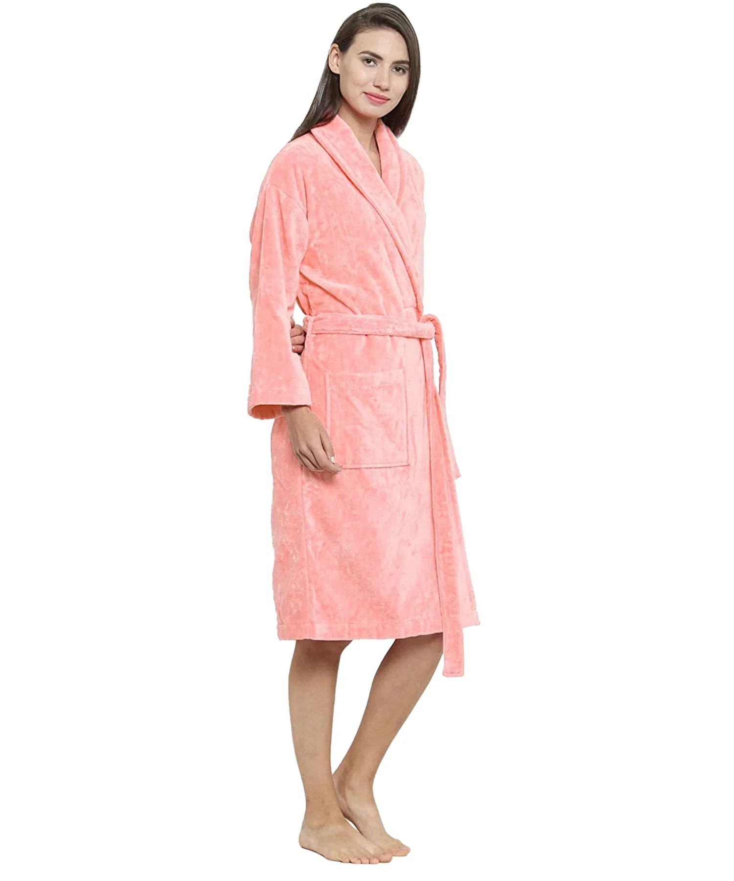 Soft Comfort Unisex Medium Bathrobe, Tender Peach| 300 GSM Cotton| Sheared Velvet Touch