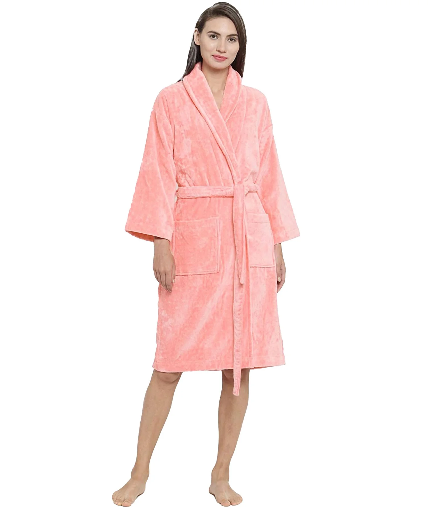 Soft Comfort Unisex Medium Bathrobe, Tender Peach| 300 GSM Cotton| Sheared Velvet Touch - Image 4