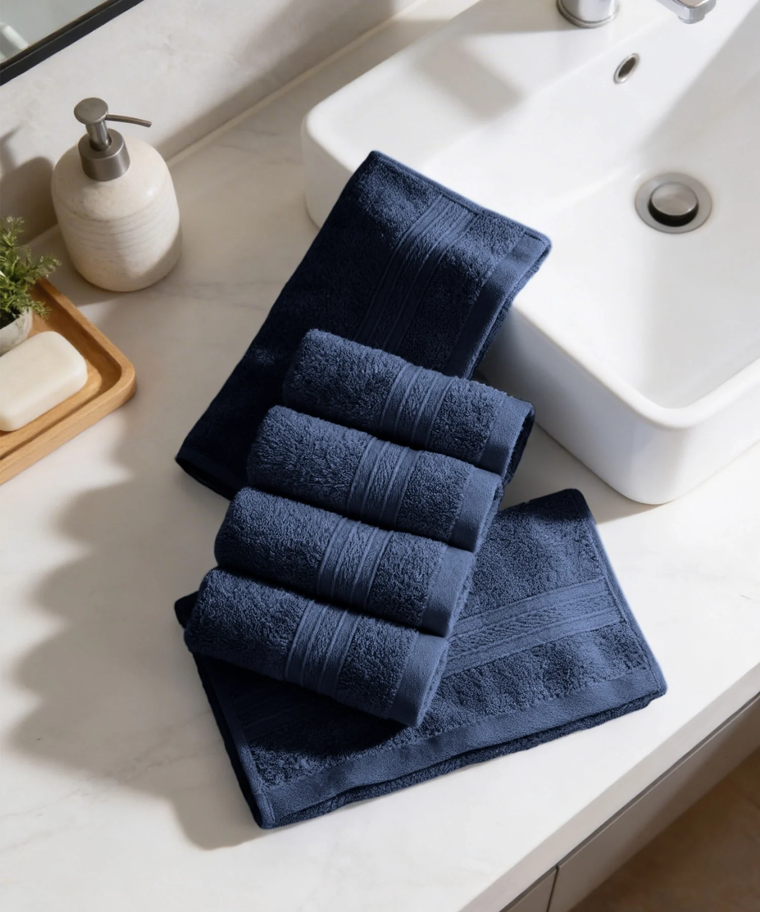 Soft Comfort 6Pc Face Towel Set,Navy|509 GSM Cotton|Air Rich Technology