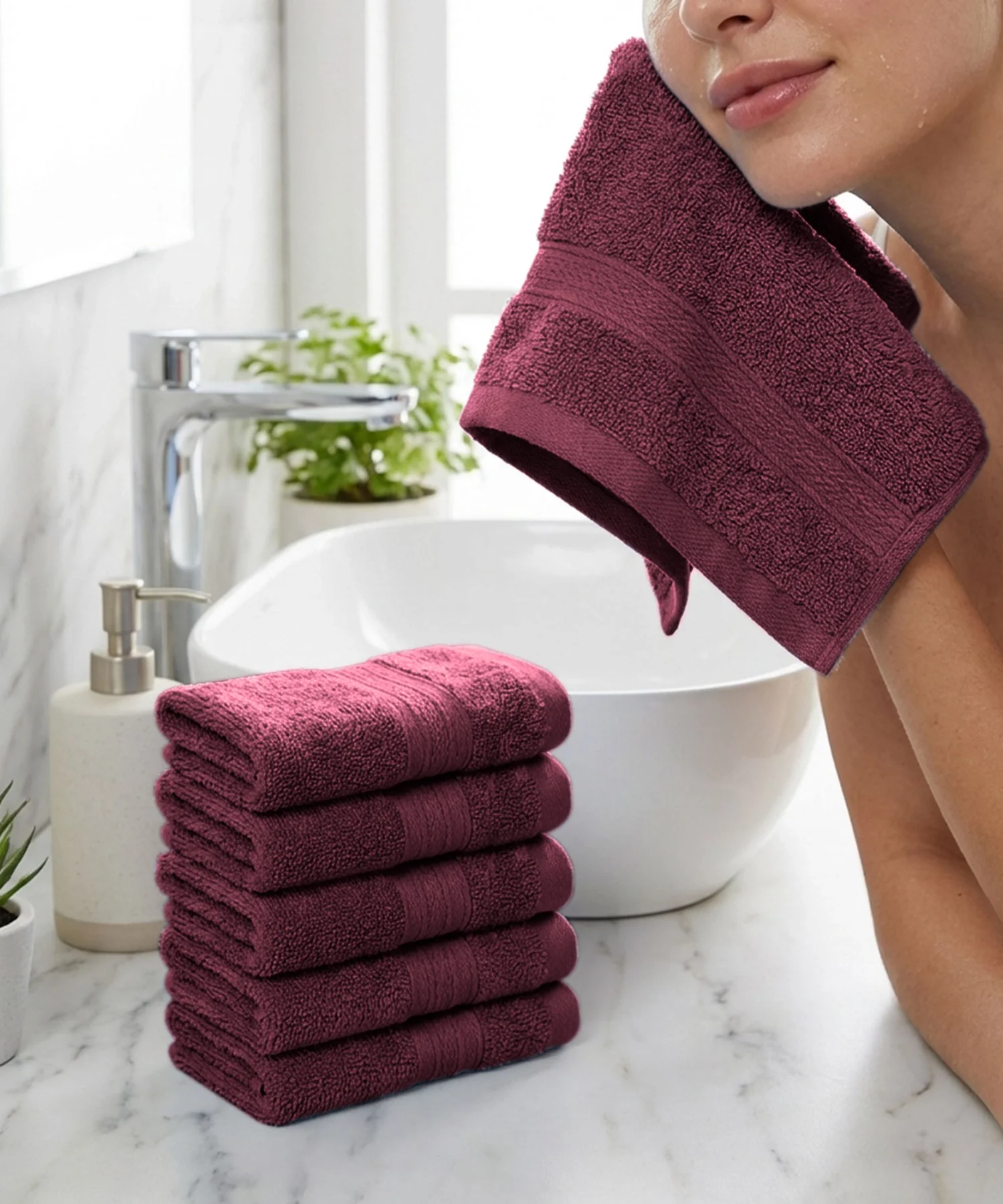 Soft Comfort 6Pc Face Towel Set, Red Wine|509 GSM Cotton|Air Rich Technology - Image 3