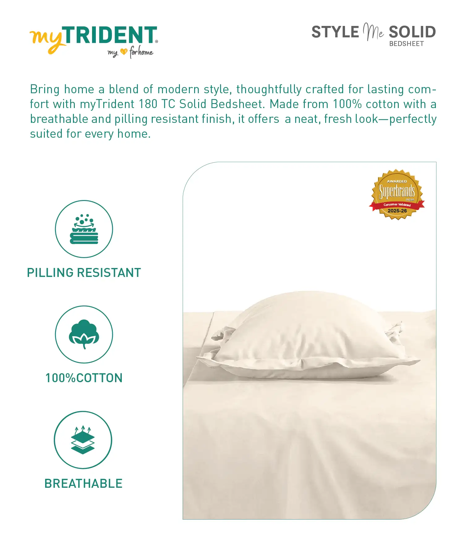 Style me Solid King Bedsheet, Cream |180 TC Cotton|2 Pillow Covers|Solid - Image 6