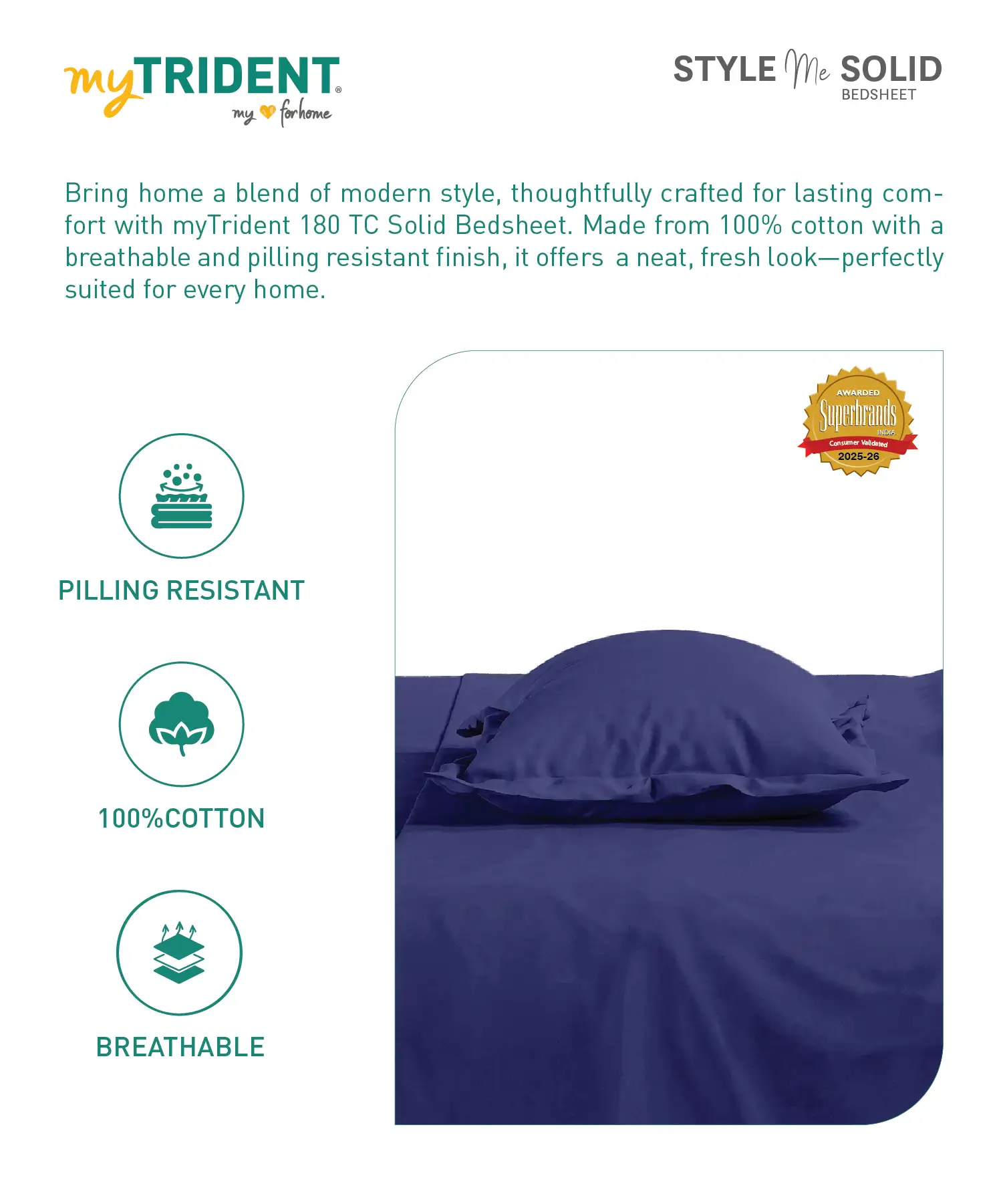 Style me Solid King Bedsheet, Navy |180 TC Cotton|2 Pillow Covers|Solid - Image 6